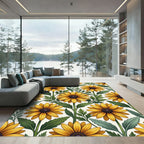 Bright Golden Sunflower Botanical Illustration Rug