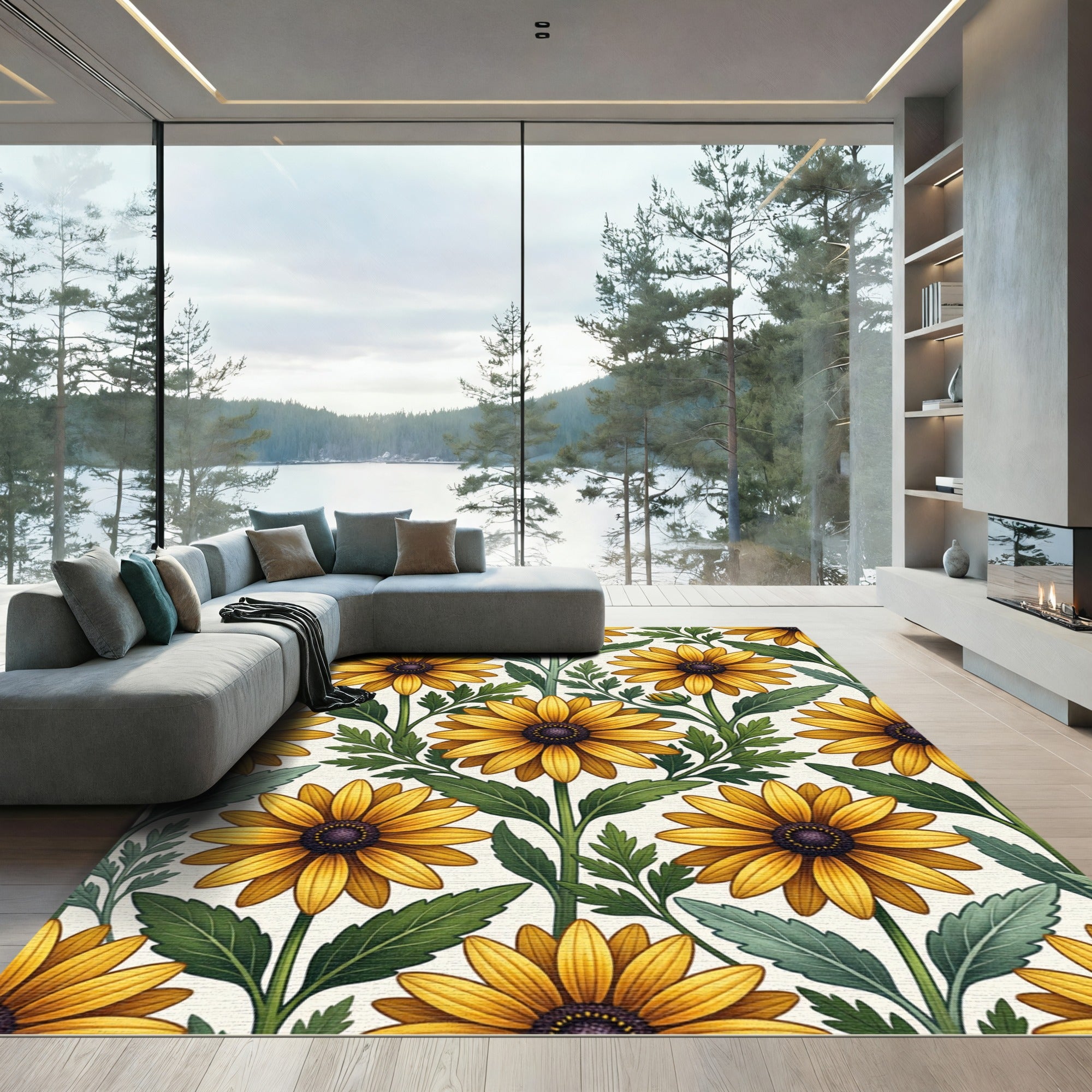 Bright Golden Sunflower Botanical Illustration Rug