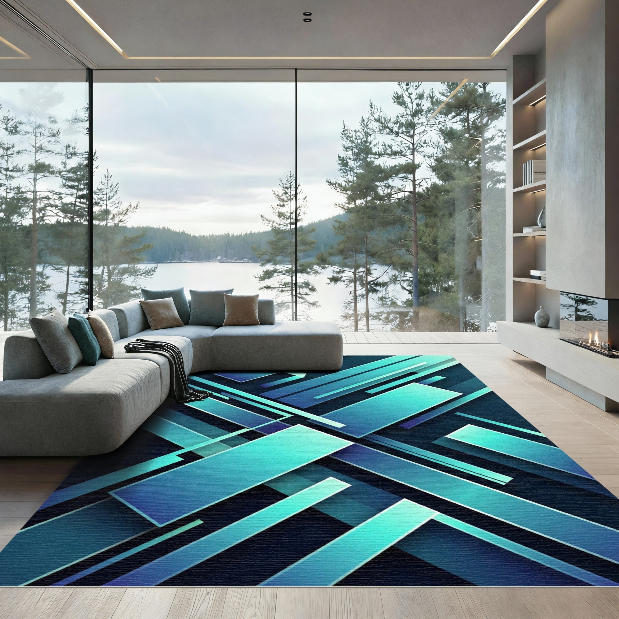 Modern Geometric Azure Rectangular Composition Rug