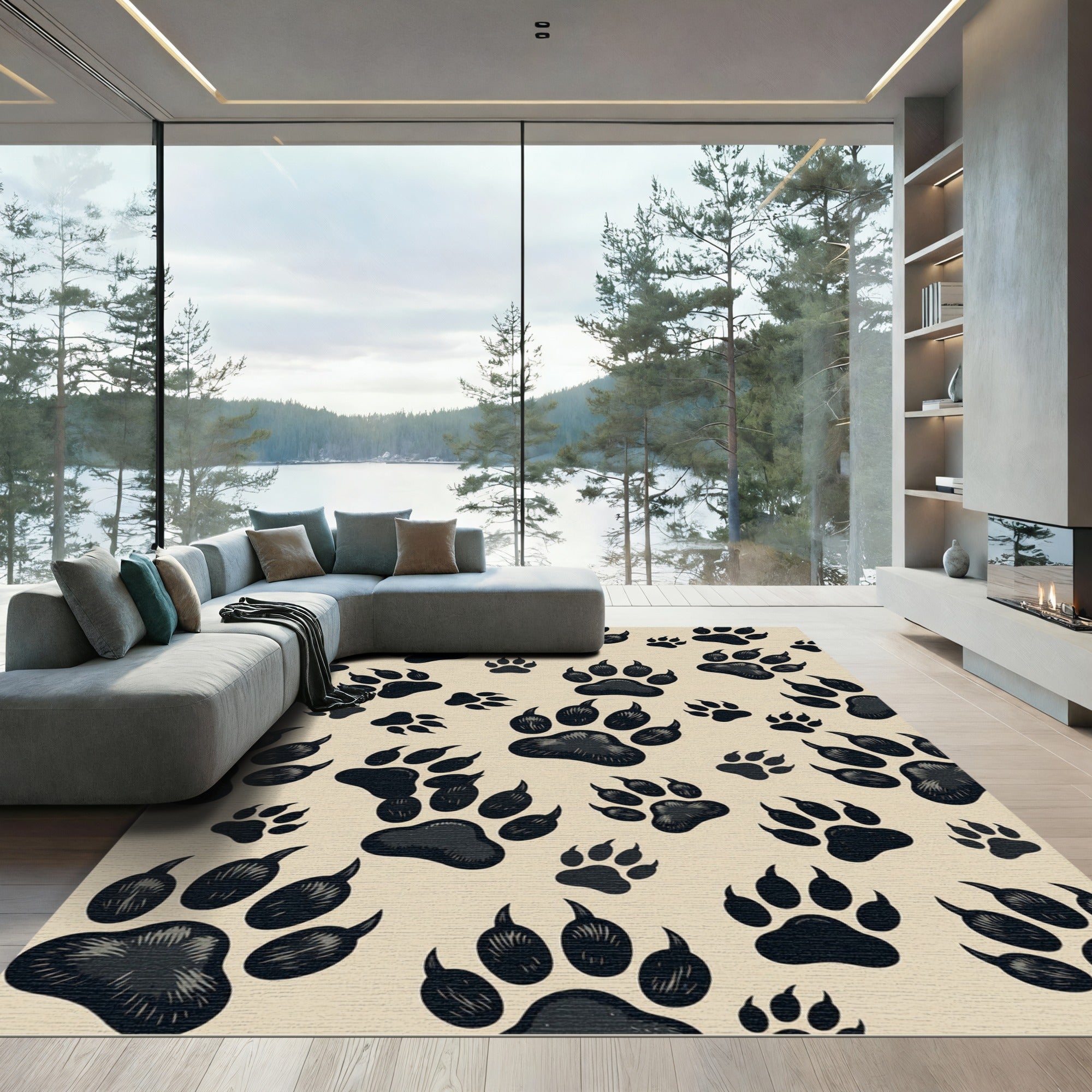 Wild Animal Paw Print Neutral Rug