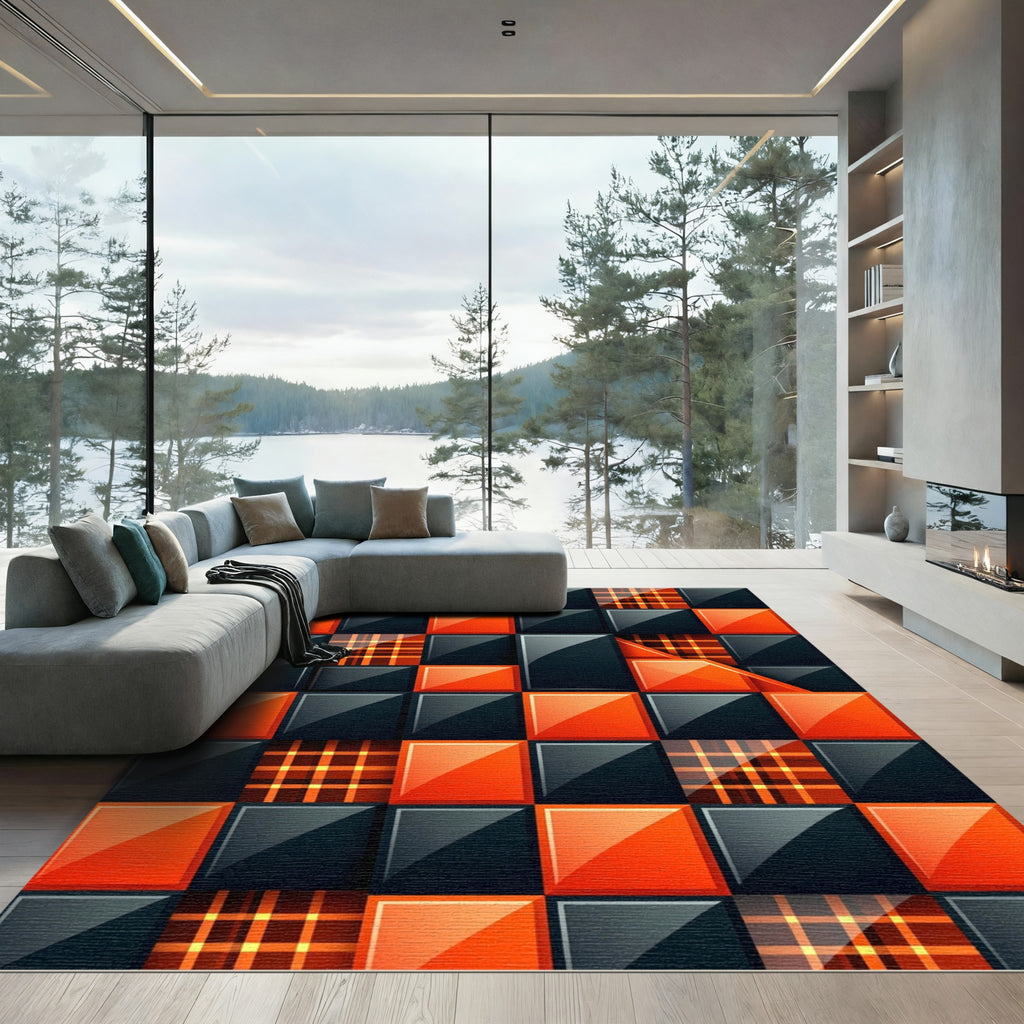 Modern Geometric Plaid and Orange Tile Rug