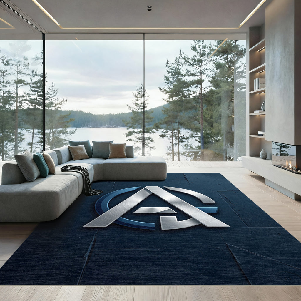Metallic Silver Geometric Circular Monogram Rug