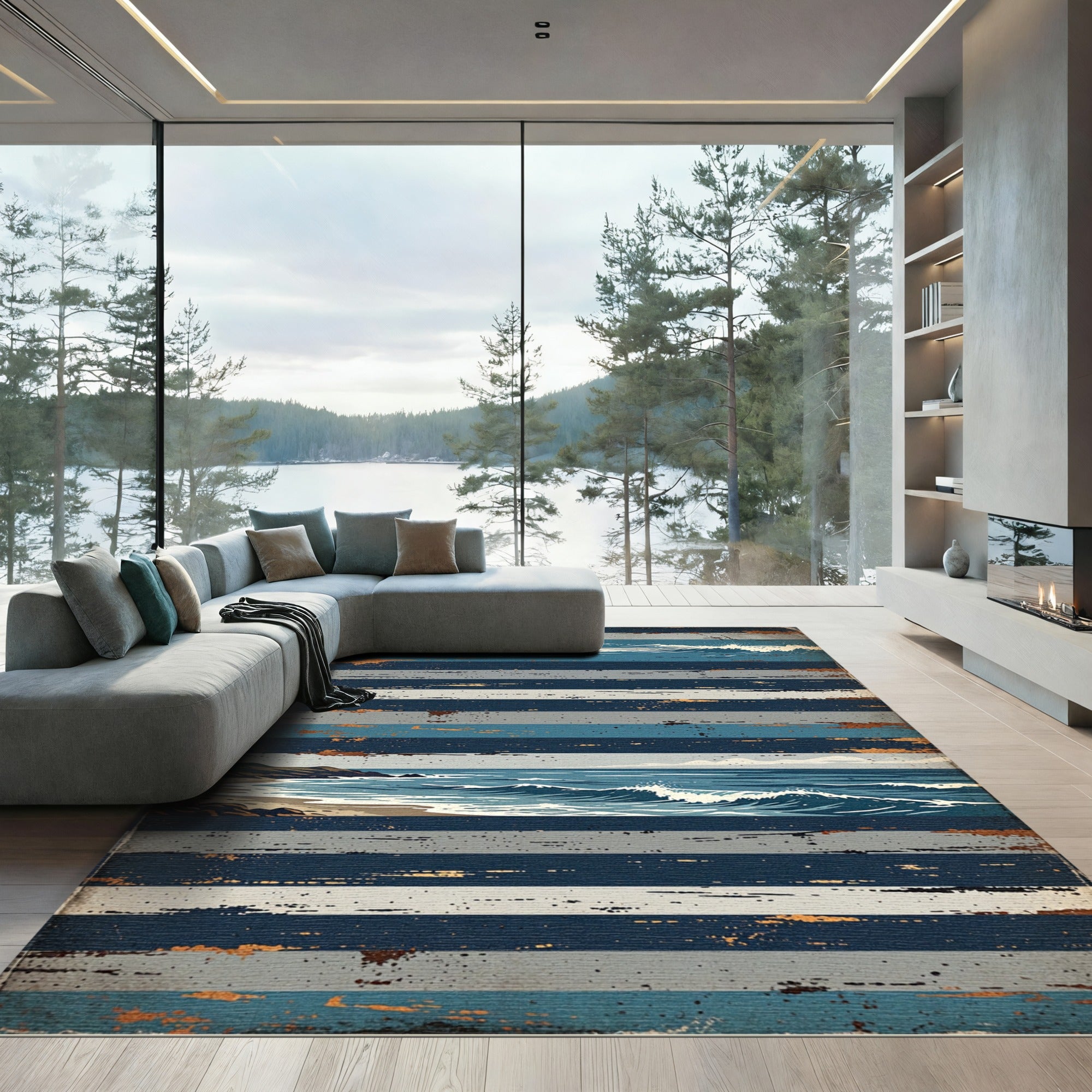 Vintage Distressed Blue Coastal Stripe Rug
