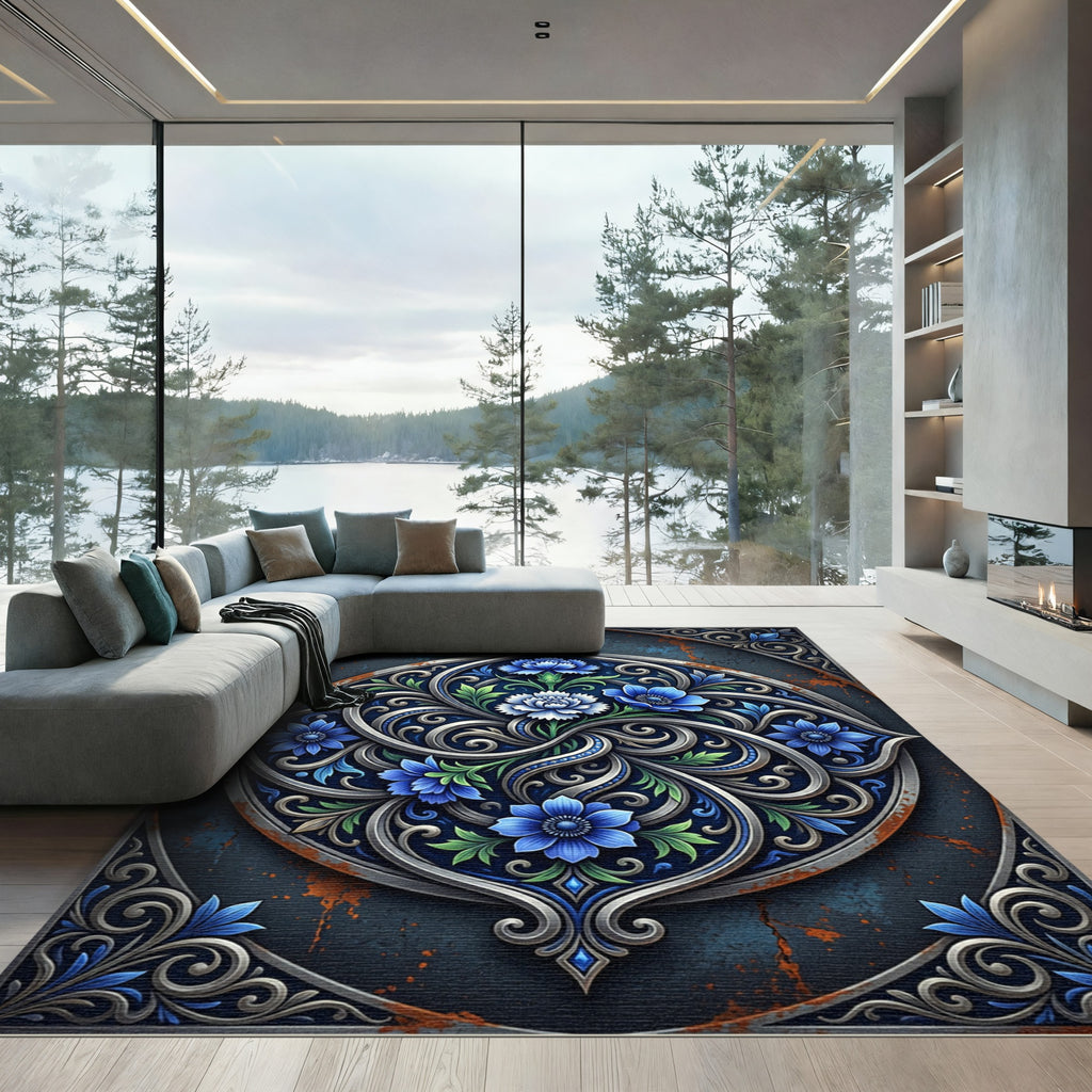 Ornate Sapphire Floral Swirl Emblem Rug