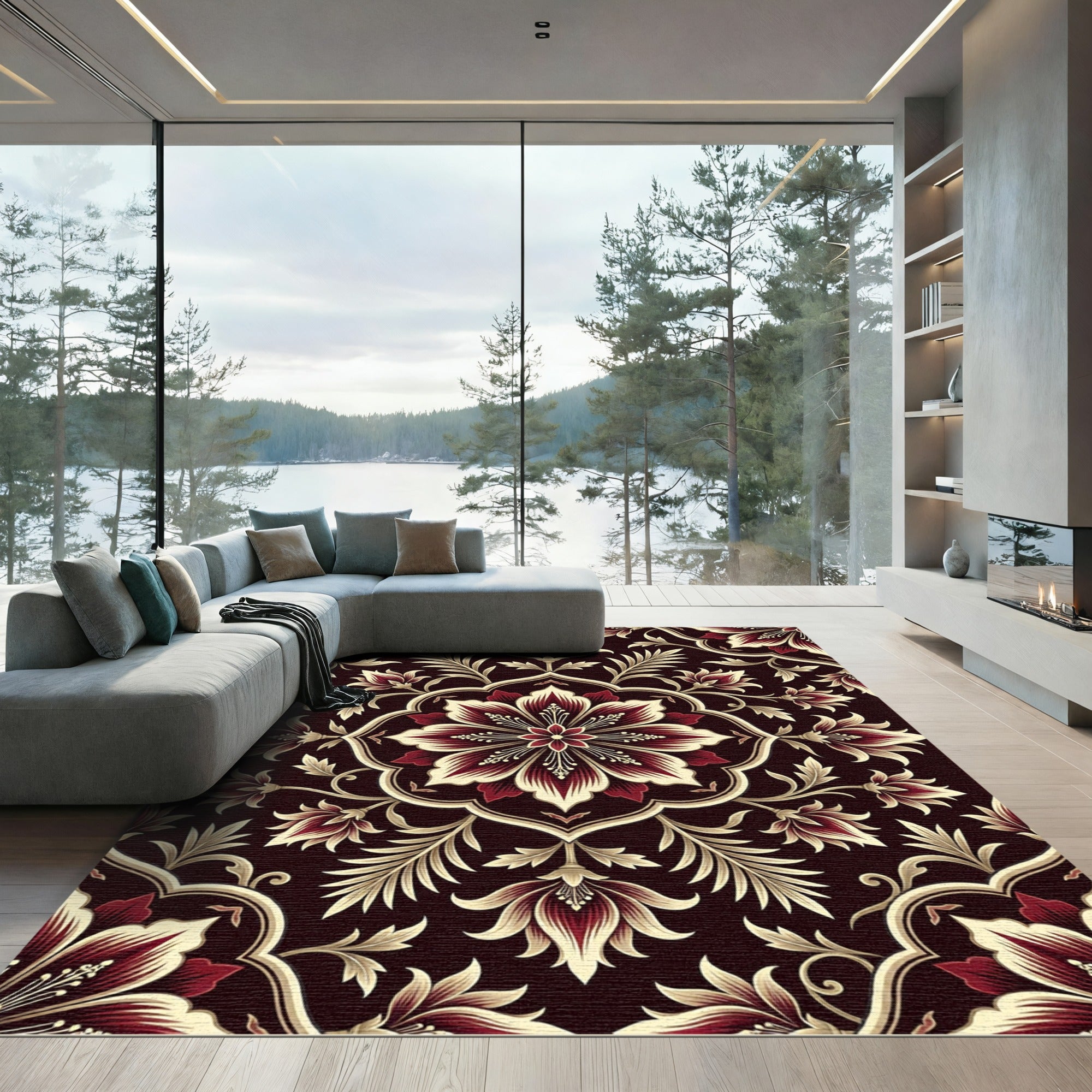 Crimson Floral Medallion with Cream Accents Rug