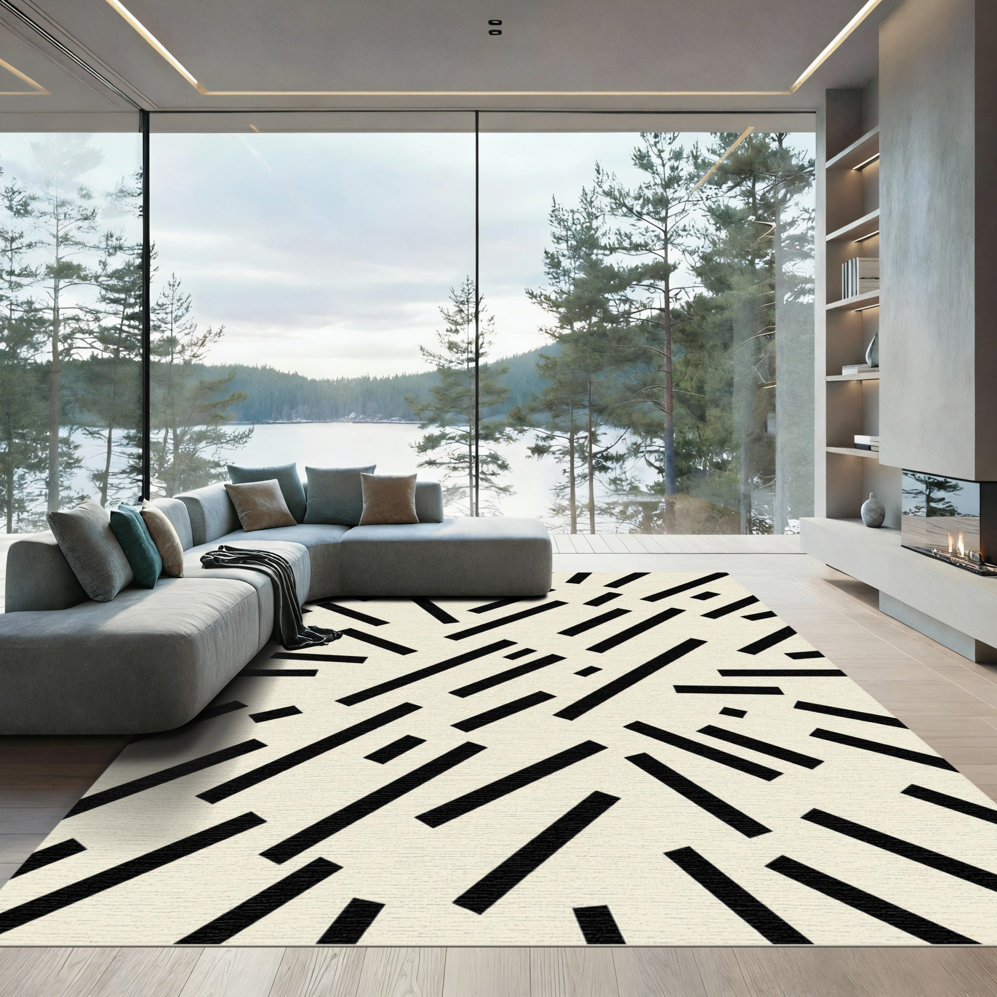 Minimalist Black and Cream Abstract Dash Rug