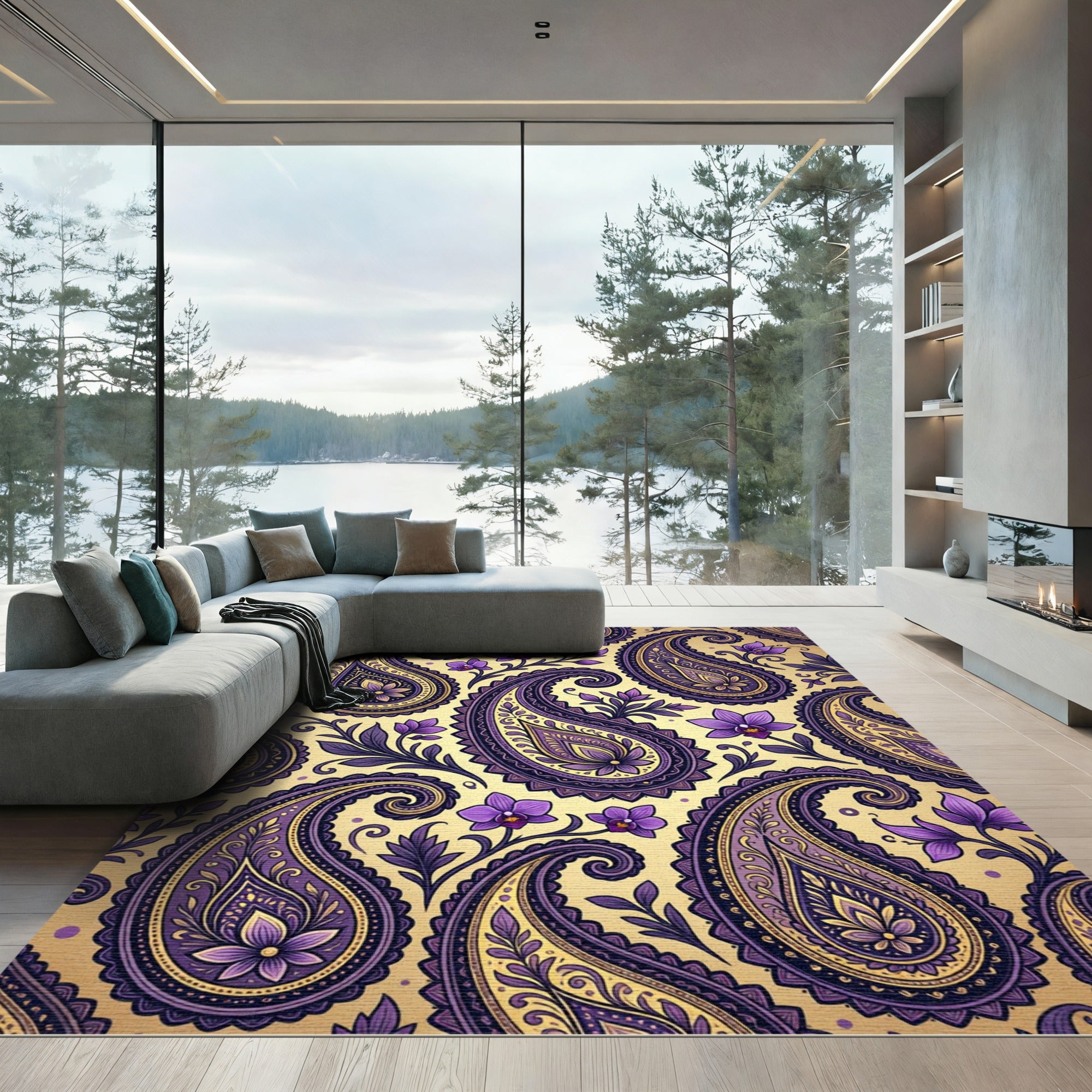 Gold Purple Orchid Paisley Floral Rug