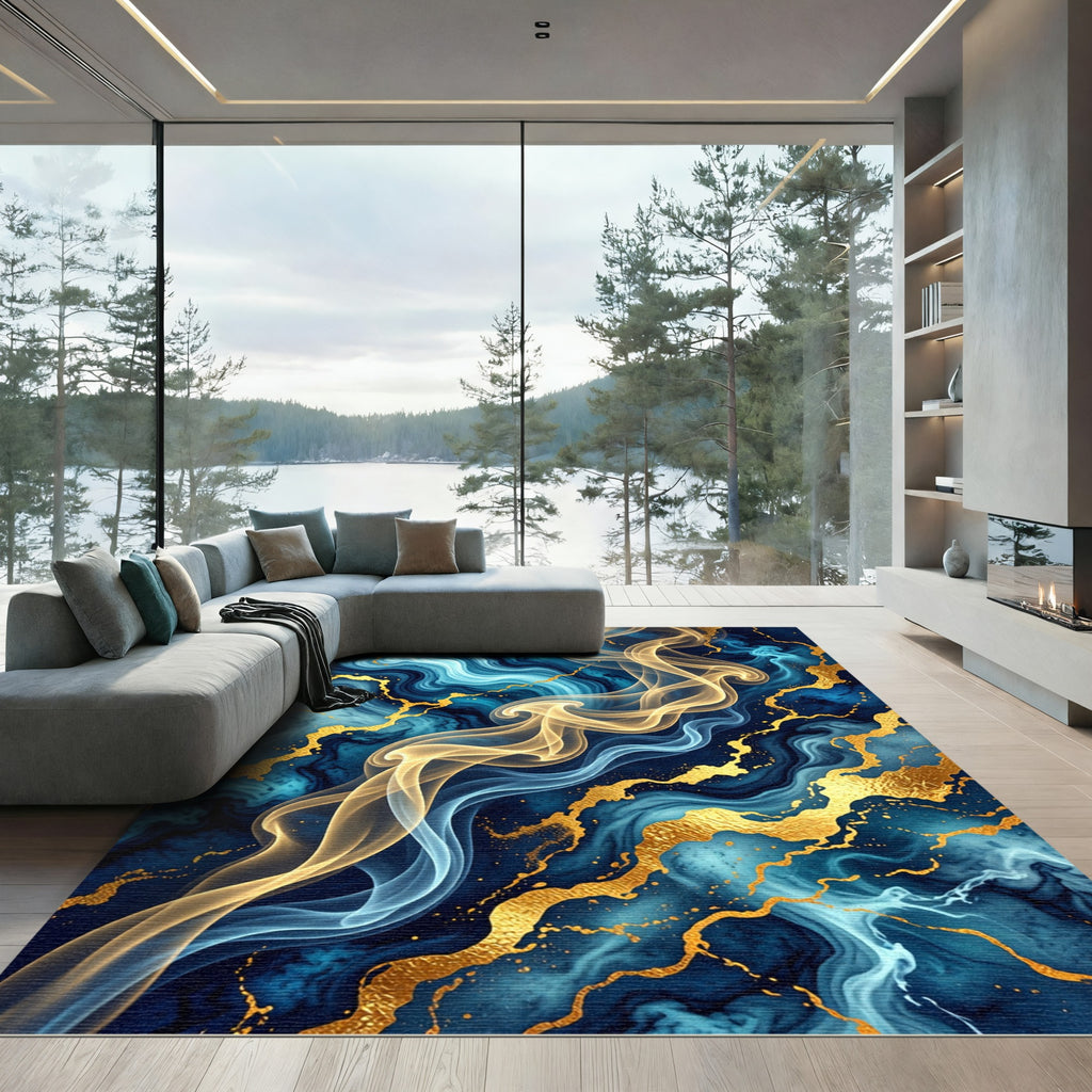 Golden Liquid Marble Abstract Wave Rug