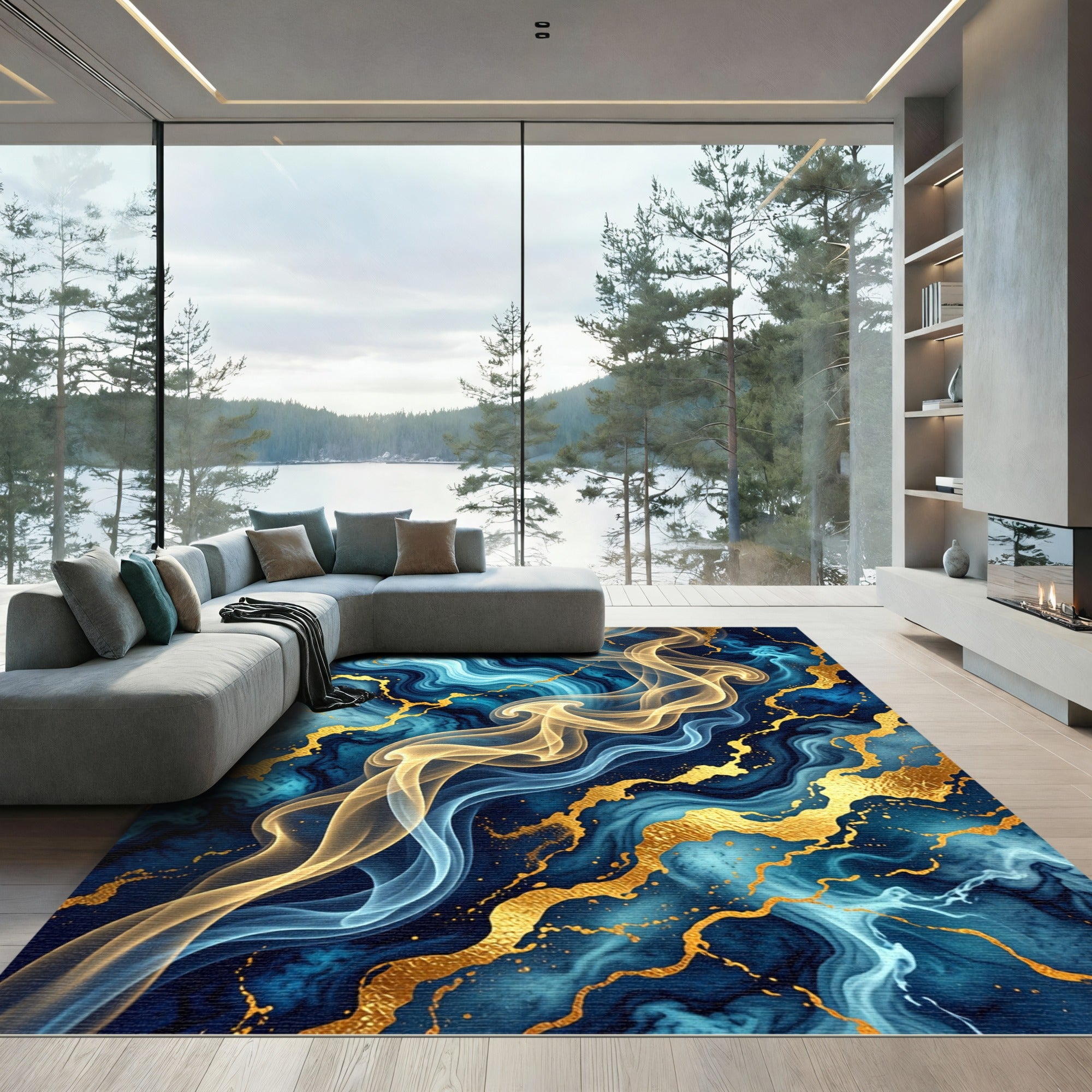Golden Liquid Marble Abstract Wave Rug