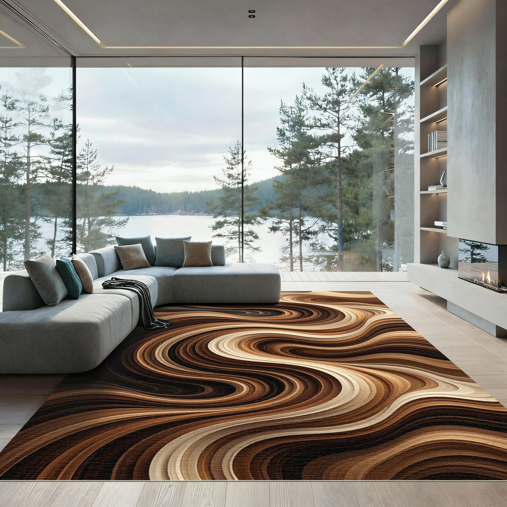 Rich Brown Swirling Layered Waves Rug