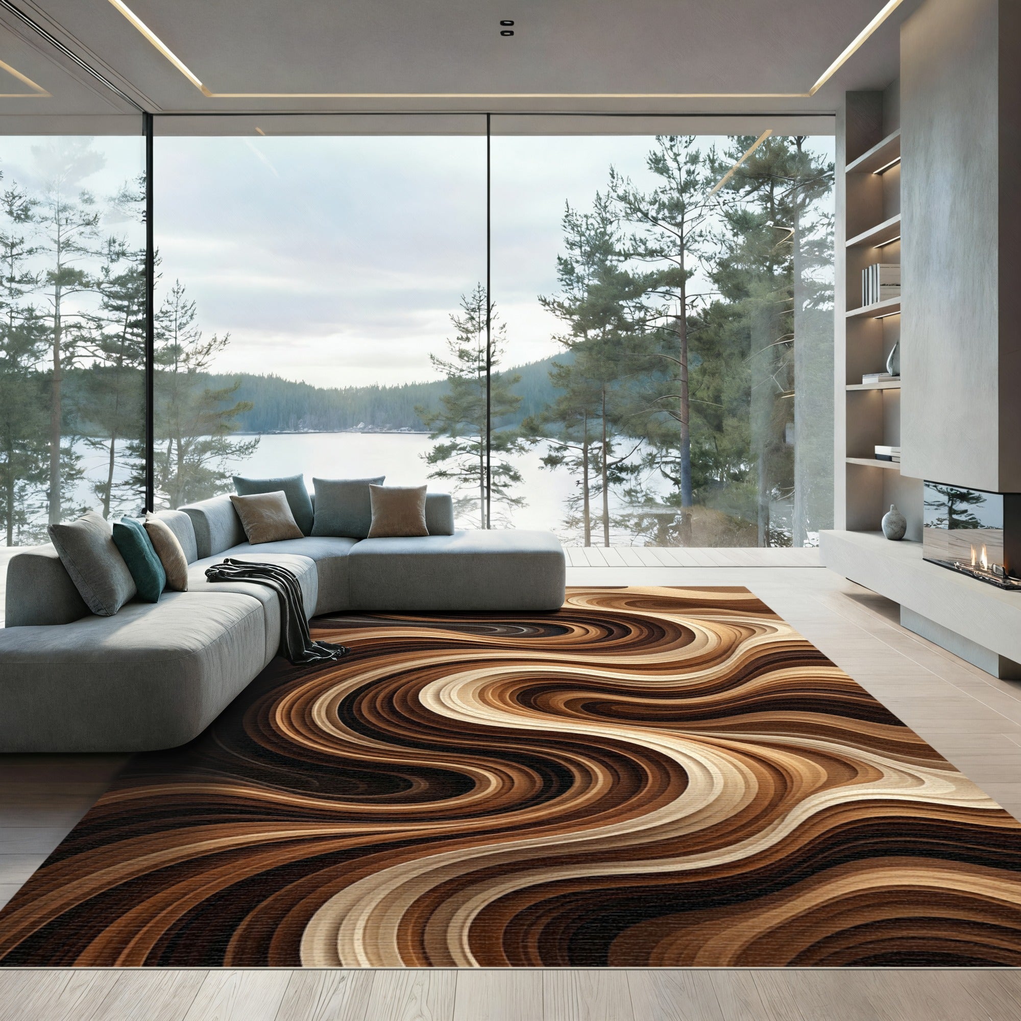 Rich Brown Swirling Layered Waves Rug