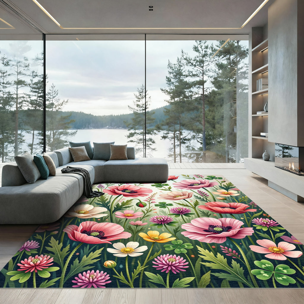 Vibrant Pink Poppies and Clover Meadow Rug