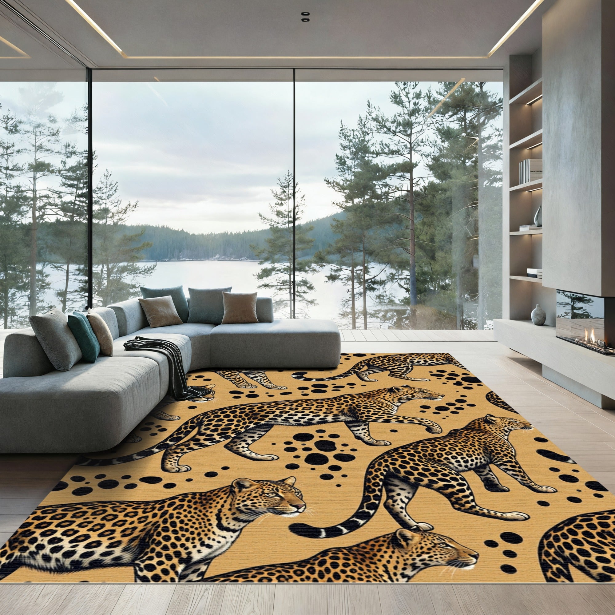 Elegant Golden Leopard Spotted Area Rug