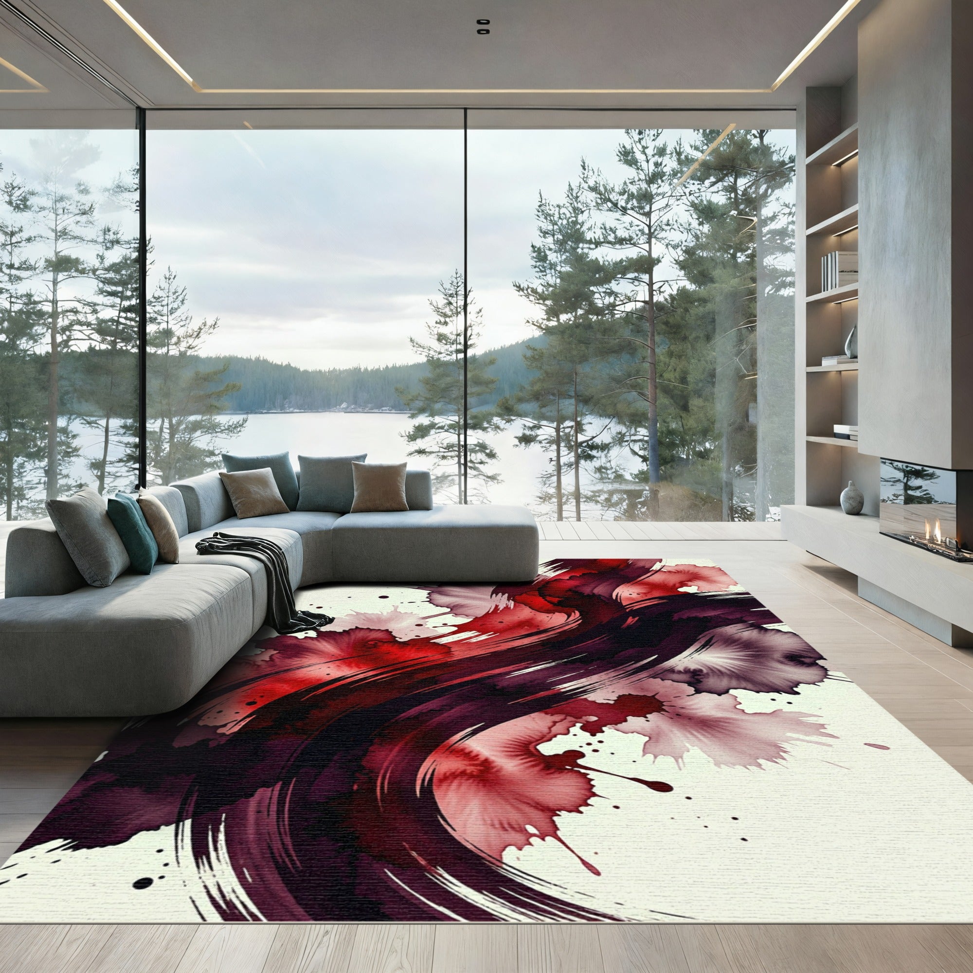 Modern Deep Red Abstract Ink Stroke Rug