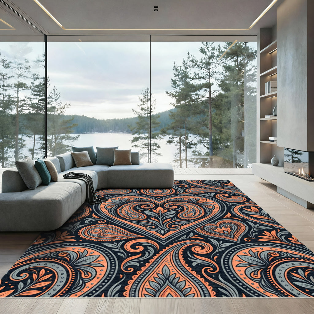 Coral Paisley Heart Floral Allegory Rug