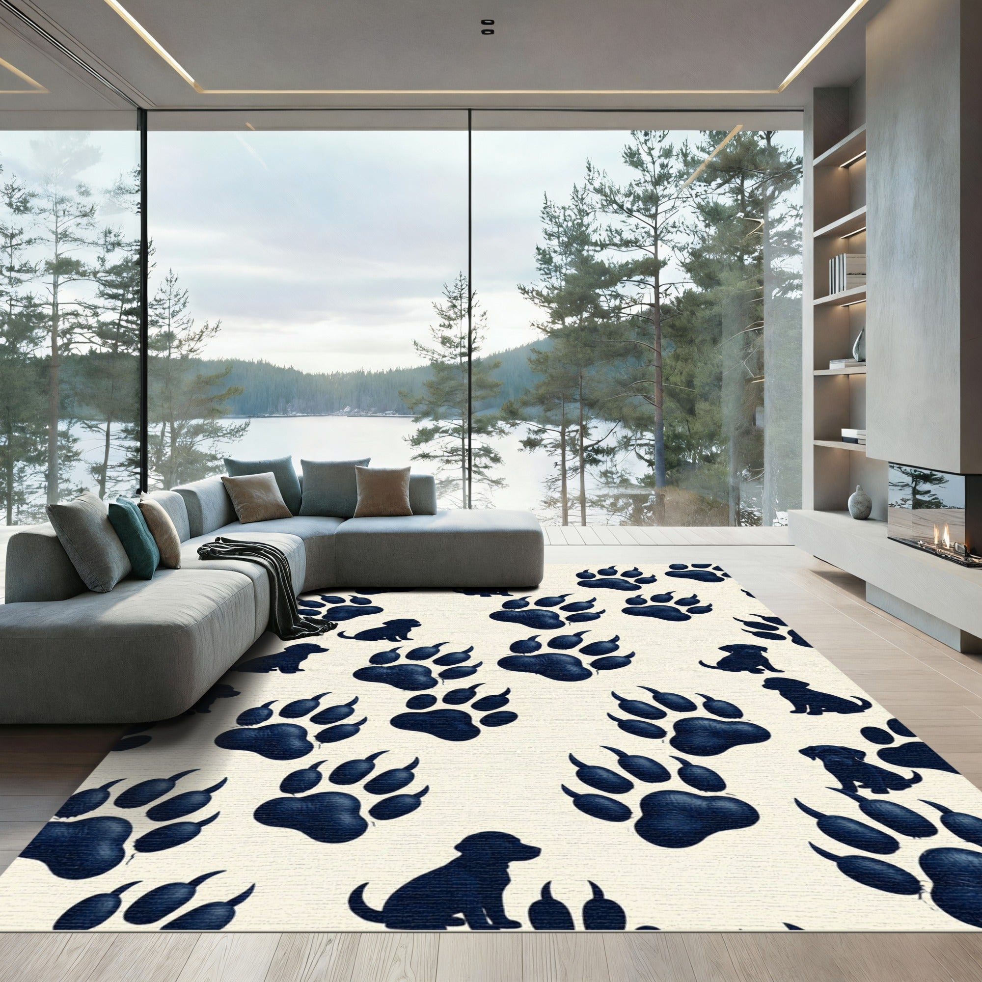 Navy Puppy Paw Cream Minimalist Rug