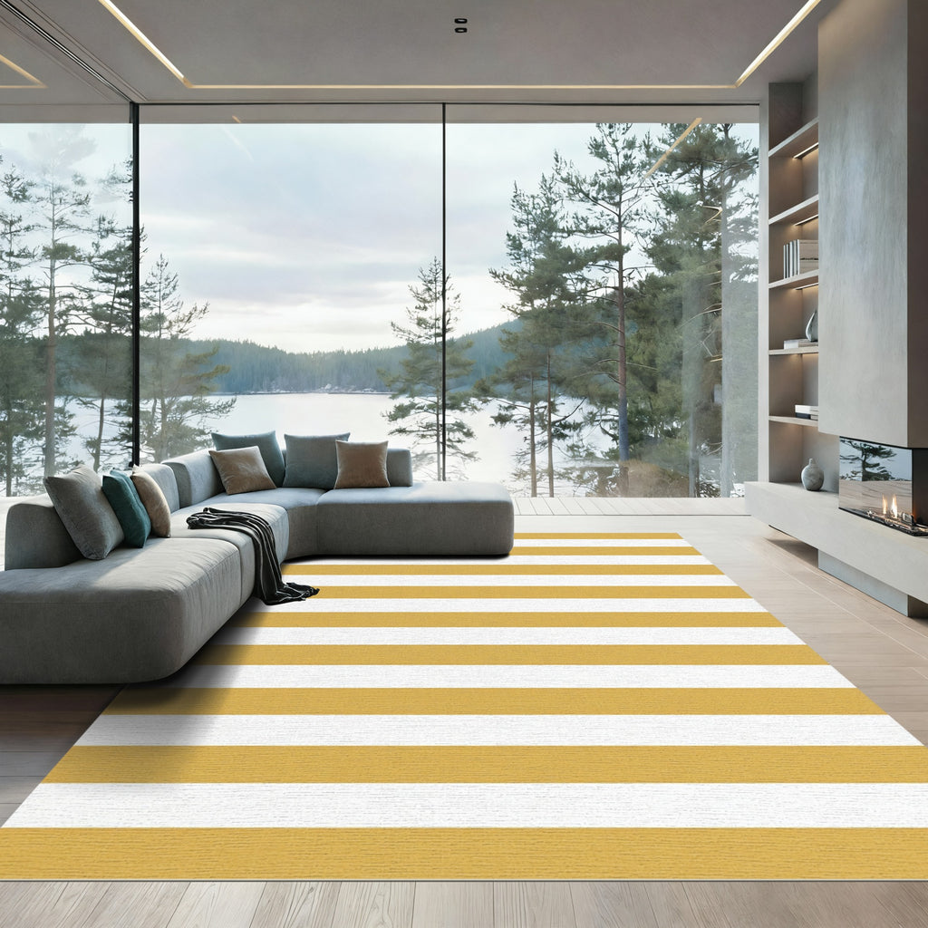 Minimalist Mustard and White Horizontal Stripe Rug