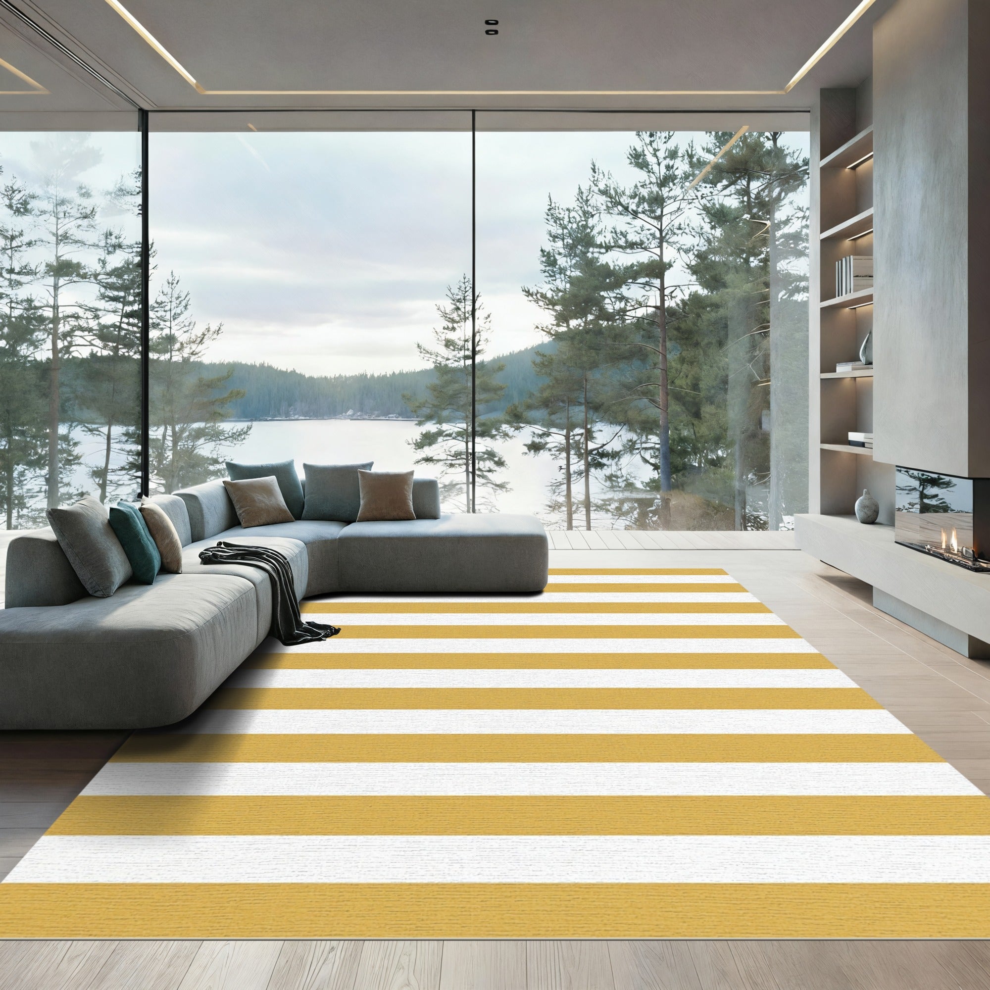 Minimalist Mustard and White Horizontal Stripe Rug
