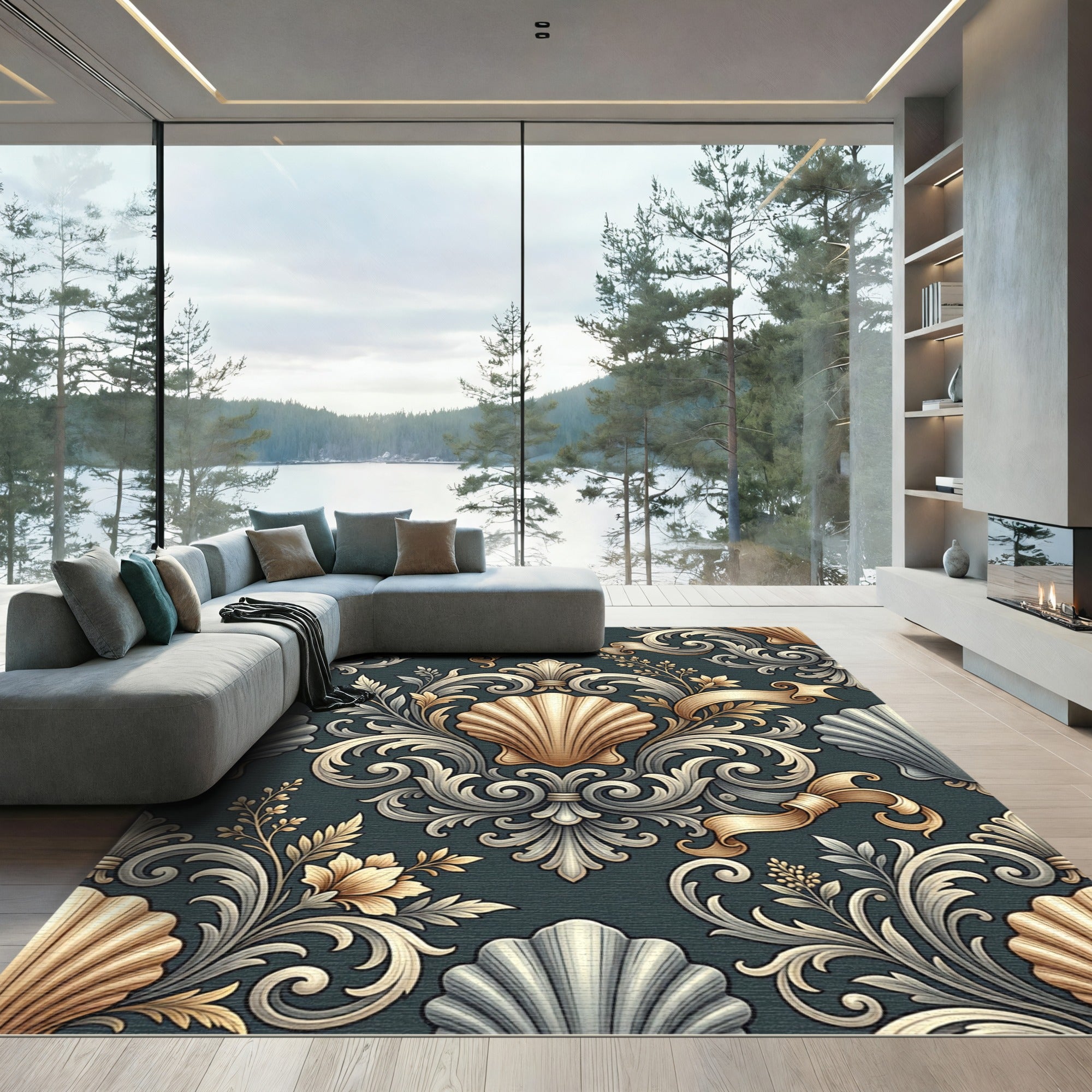 Elegant Golden Shell Baroque Damask Rug