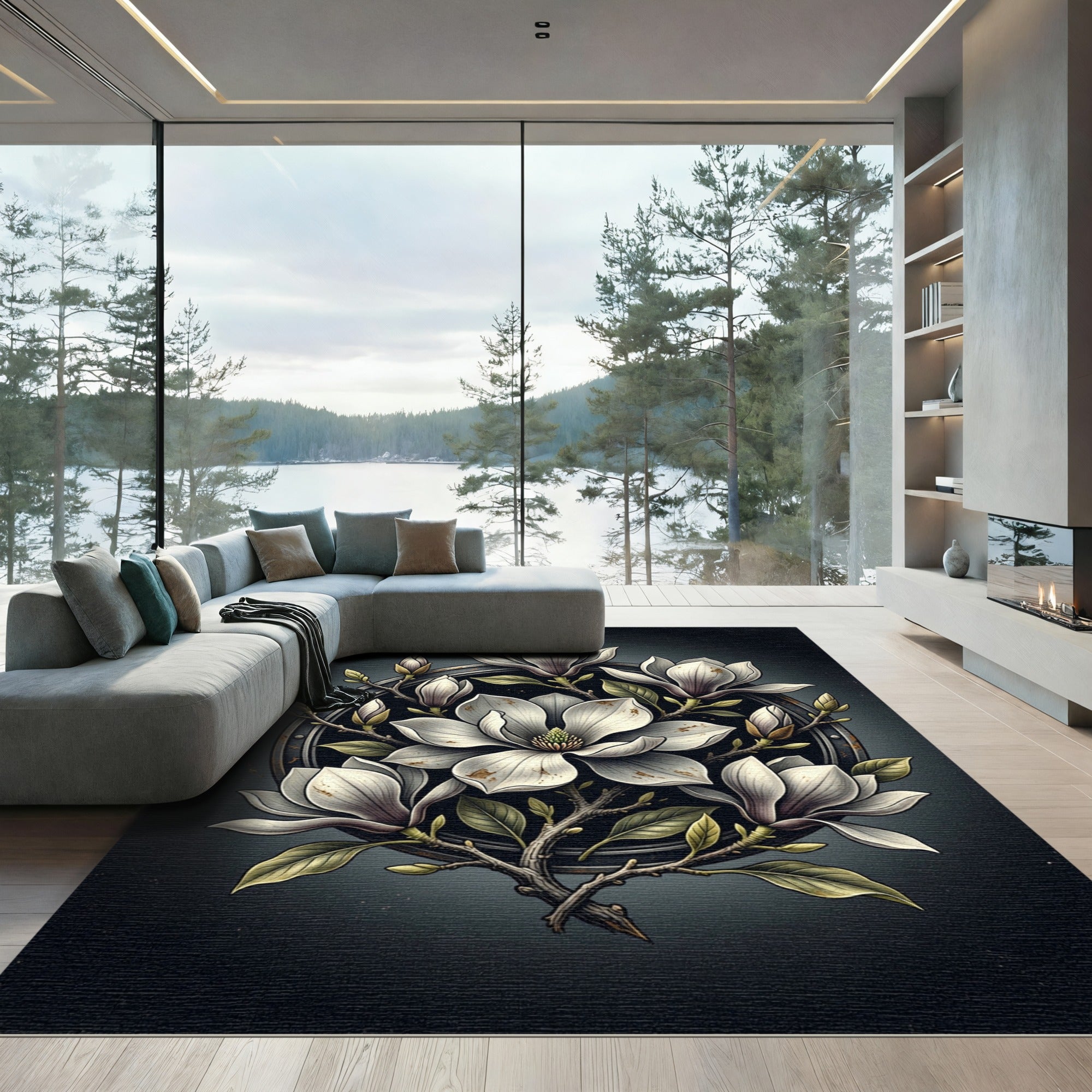 White Magnolia Blossom Floral Arrangement Rug