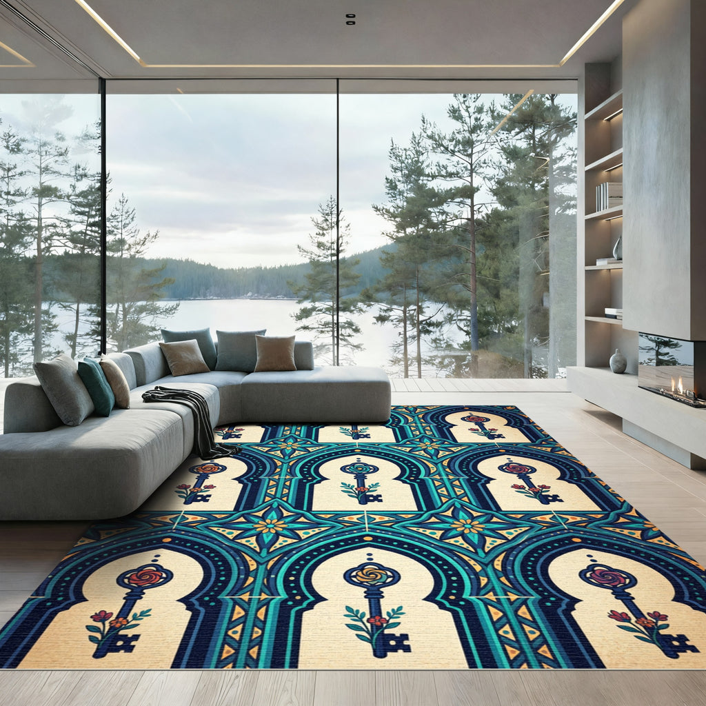 Ornate Teal Arch Floral Key Tapestry Rug