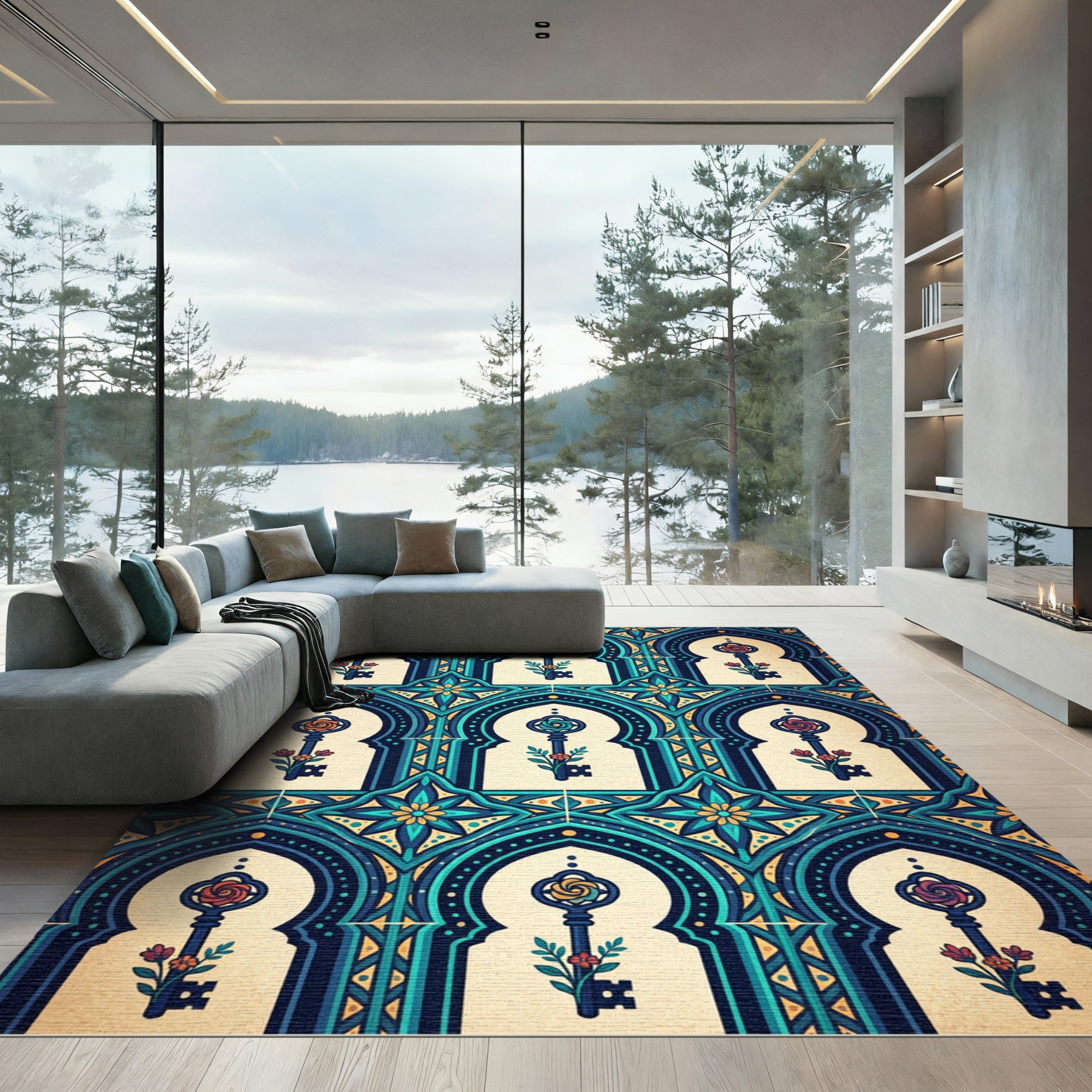 Ornate Teal Arch Floral Key Tapestry Rug