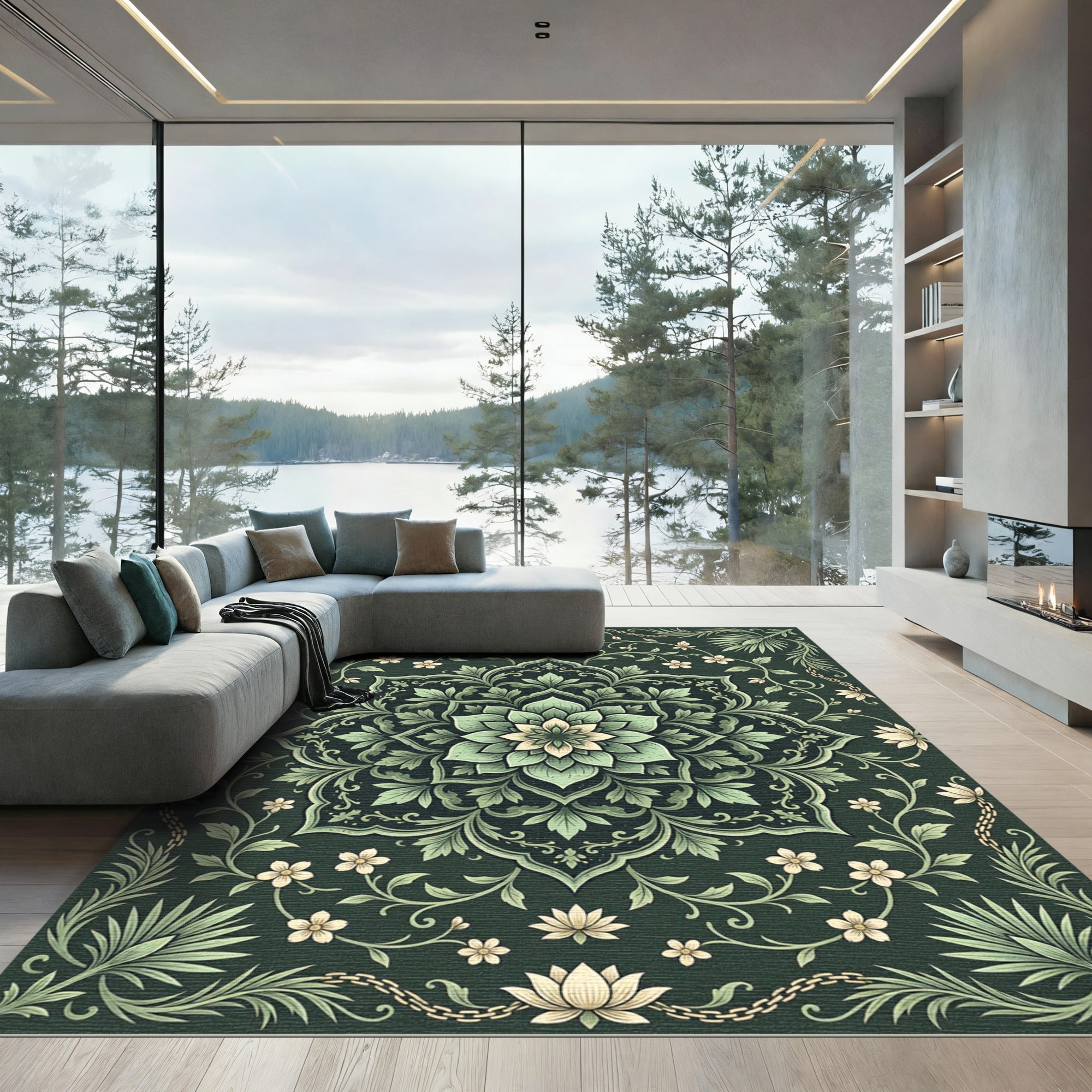 Emerald Botanical Lotus Flower Medallion Rug