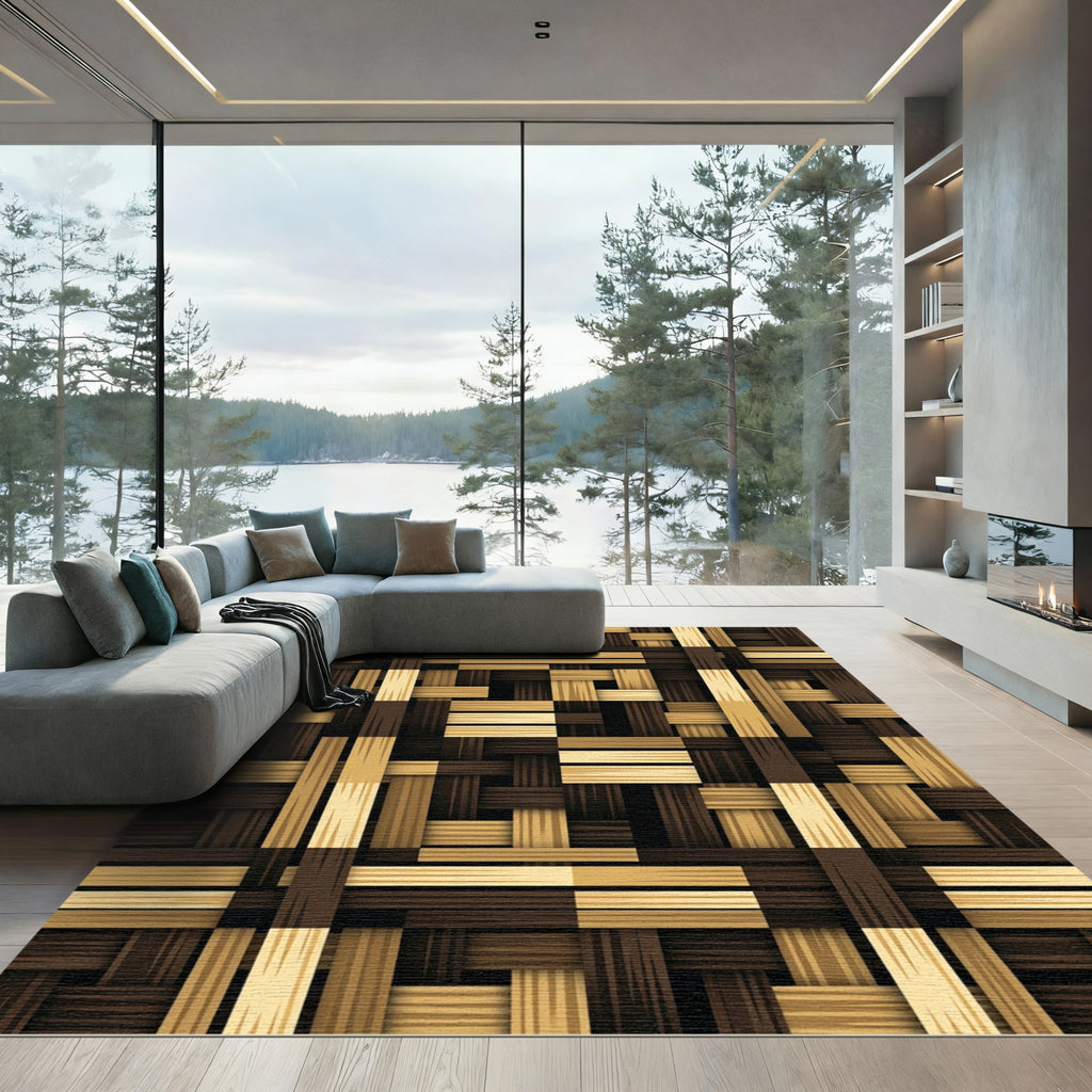 Warm Brown Woven Wood Panel Rug