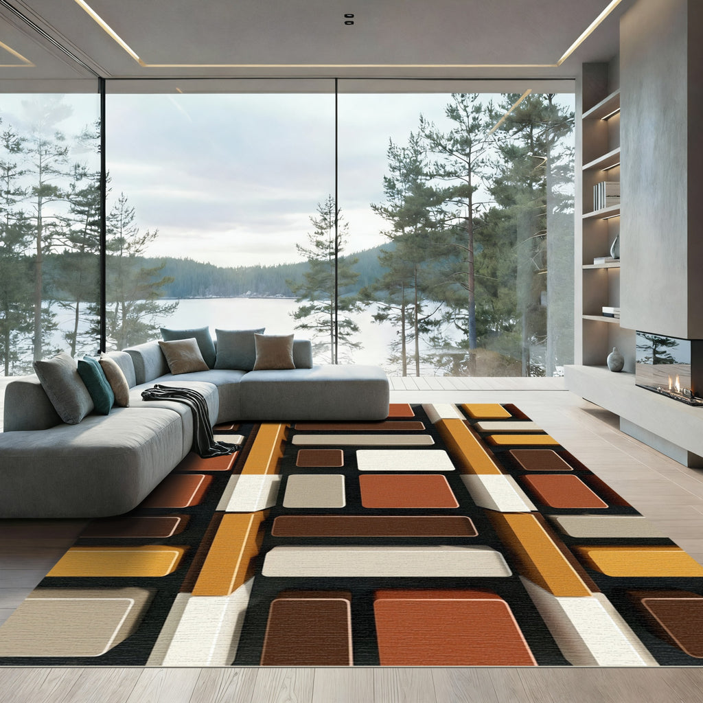 Terracotta Brown Rectangles Blocks Rug
