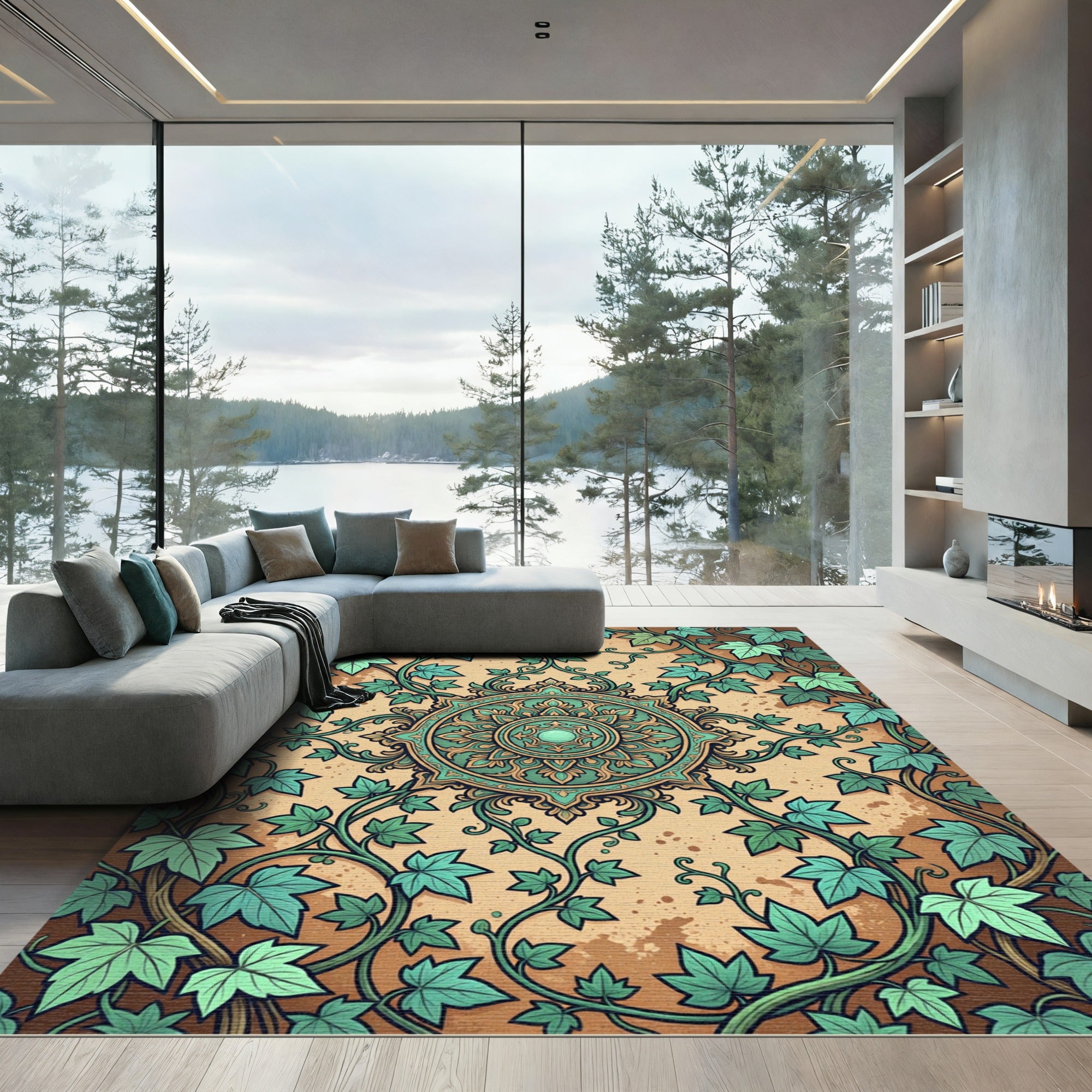 Green Ivy Medallion on Earthy Canvas Rug