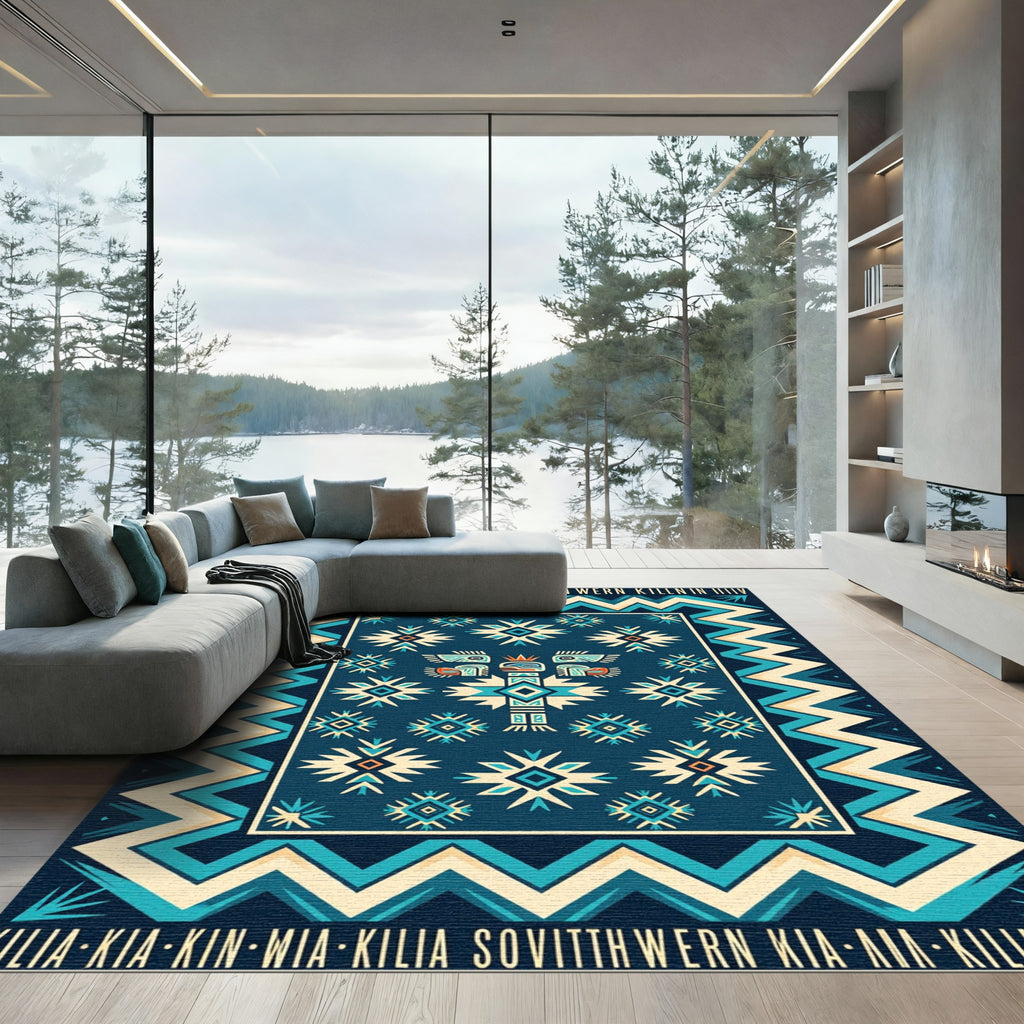 Geometric Navy Teal Southwestern Totem Art Rug