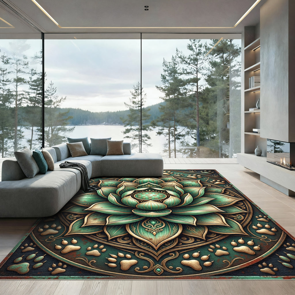 Teal Lotus Flower Paw Medallion Rug