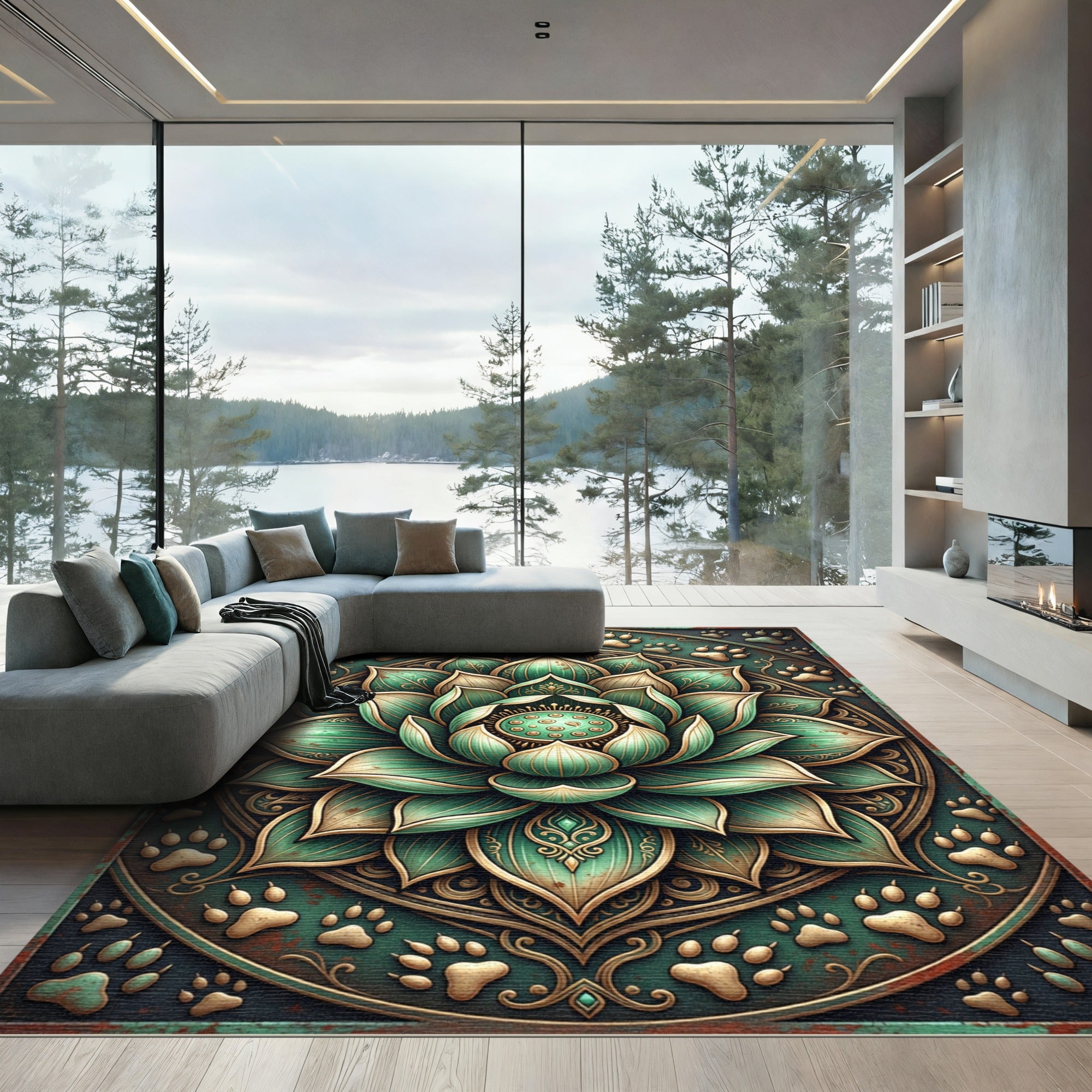 Teal Lotus Flower Paw Medallion Rug