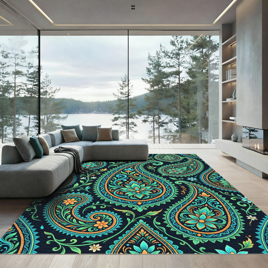 Teal and Golden Ornate Paisley Swirl Rug