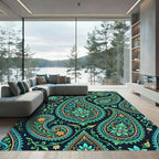 Teal and Golden Ornate Paisley Swirl Rug