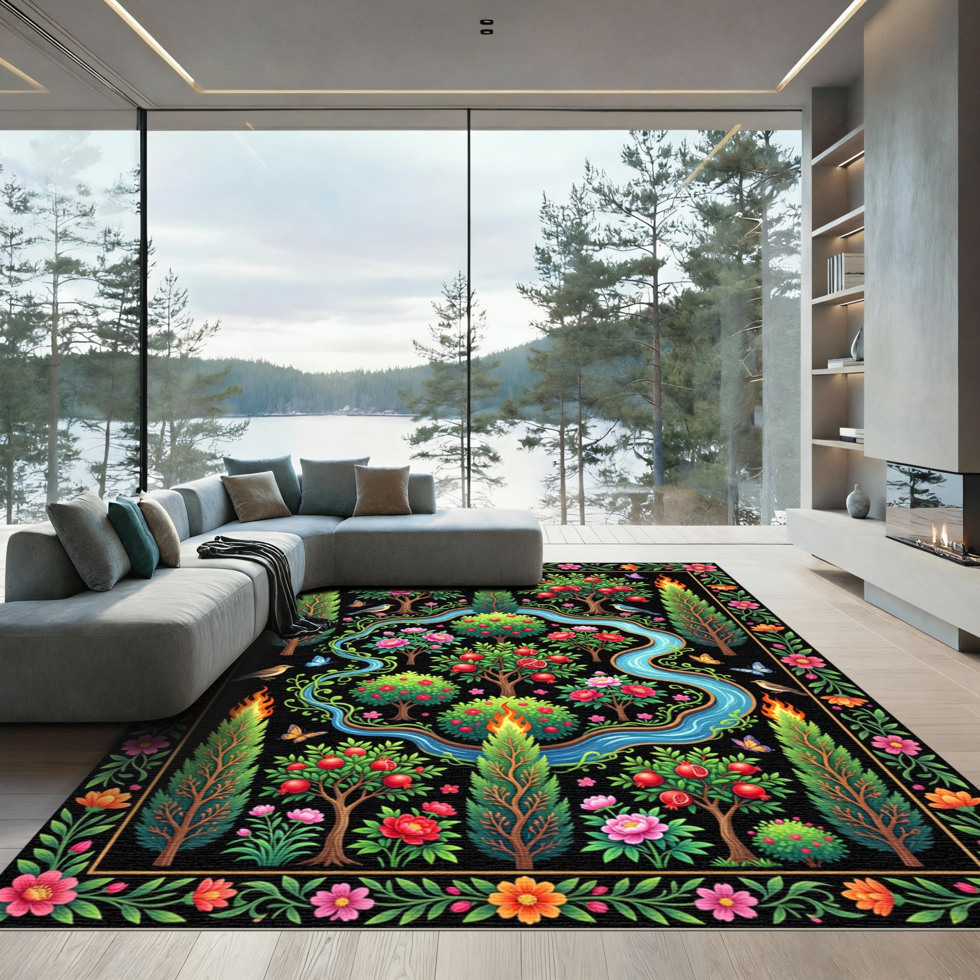 Vibrant Black Floral Garden River Rug