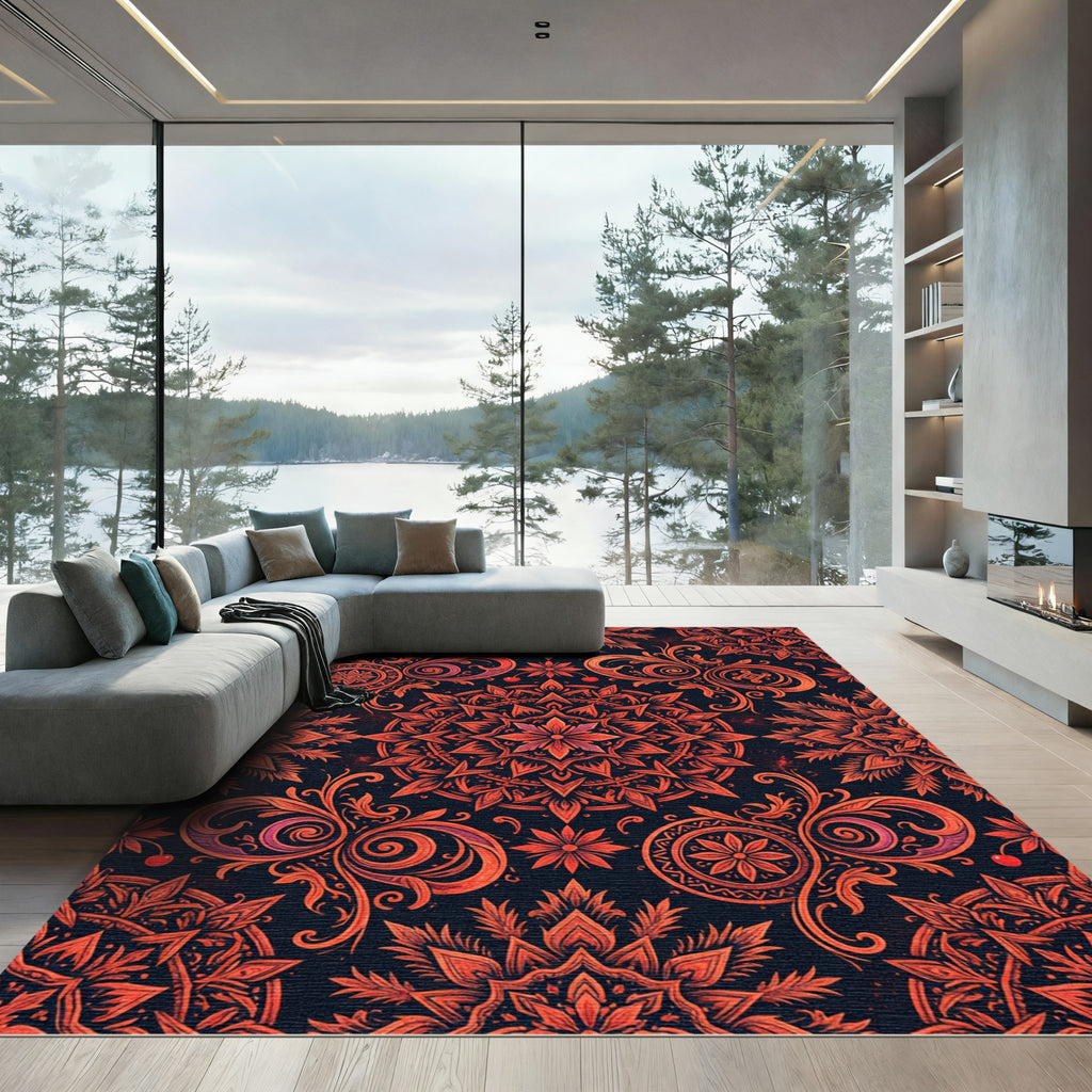 Deep Red Floral Mandala Arrangement Rug