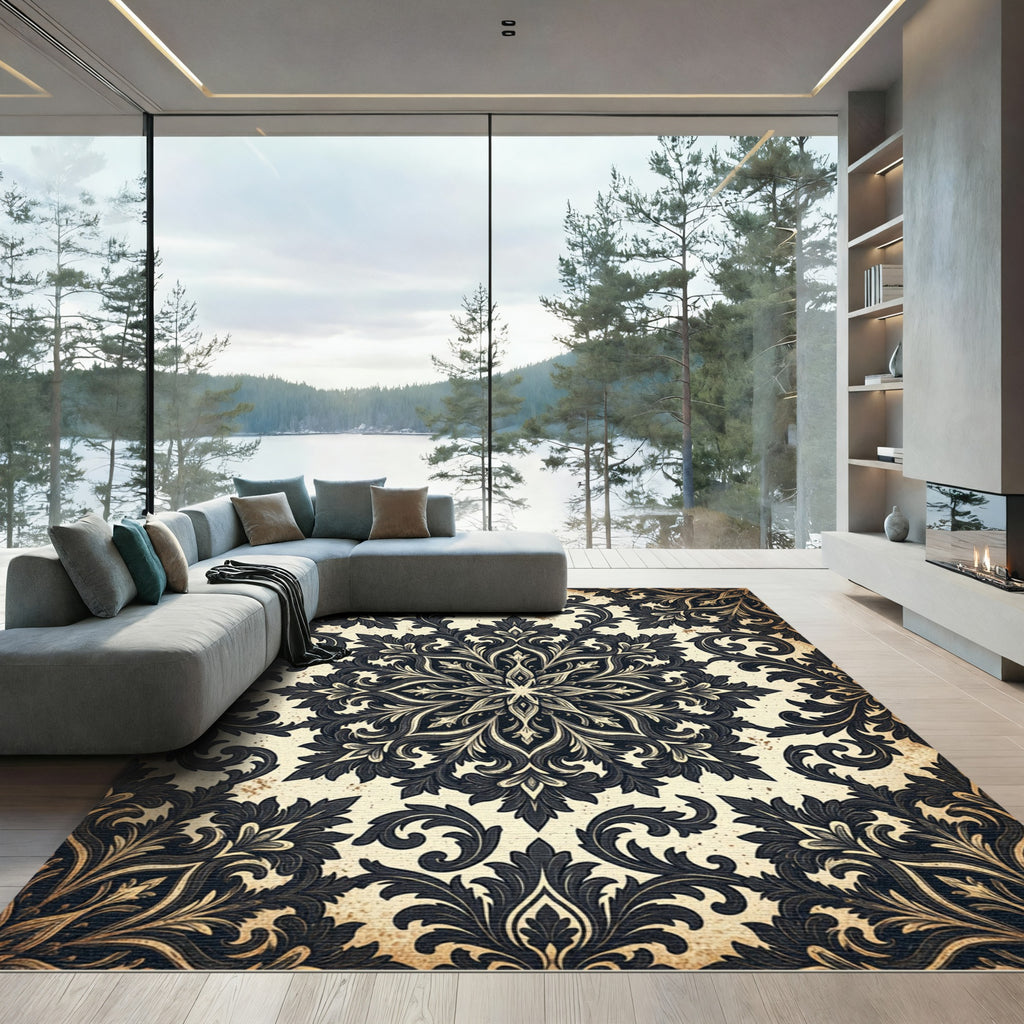 Antique Charcoal Damask Scroll Medallion Rug
