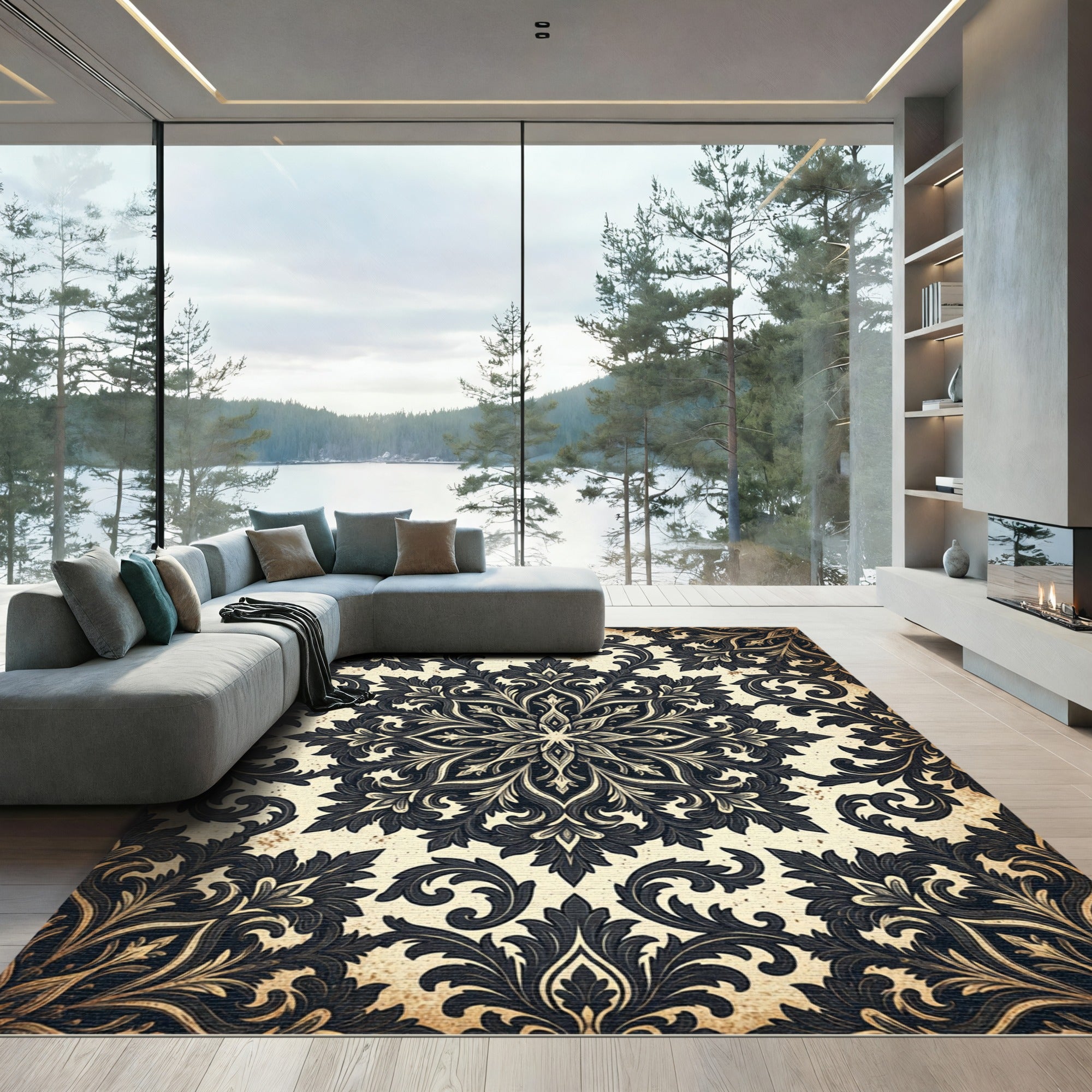 Antique Charcoal Damask Scroll Medallion Rug