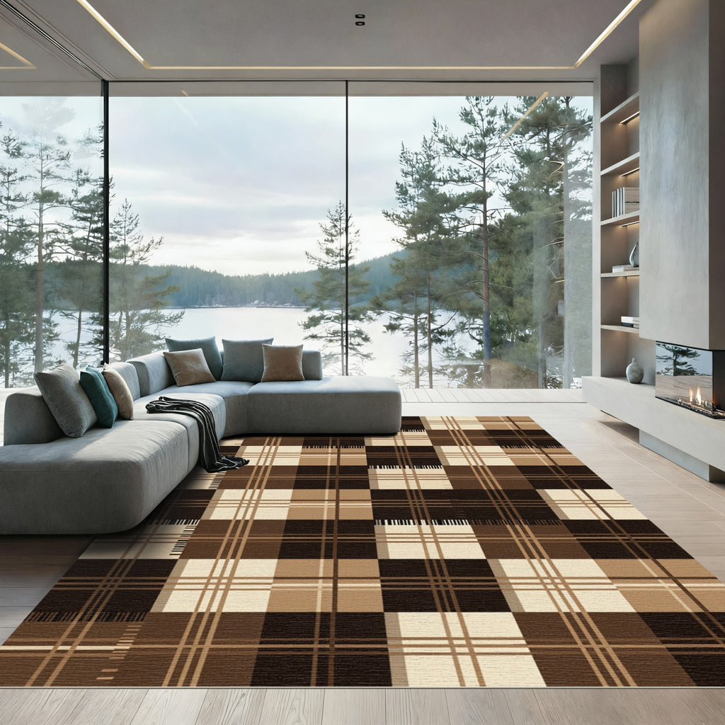 Brown Tan Plaid Grid Composition Rug