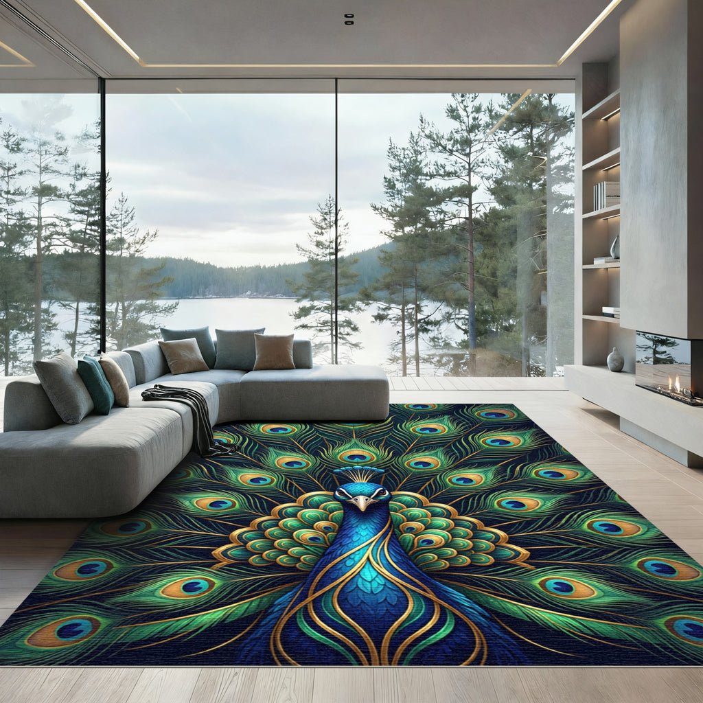 Vibrant Royal Blue Opulent Peacock Plume Rug