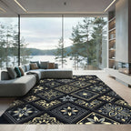 Dark Gray Gold Floral Medallion Tiles Rug