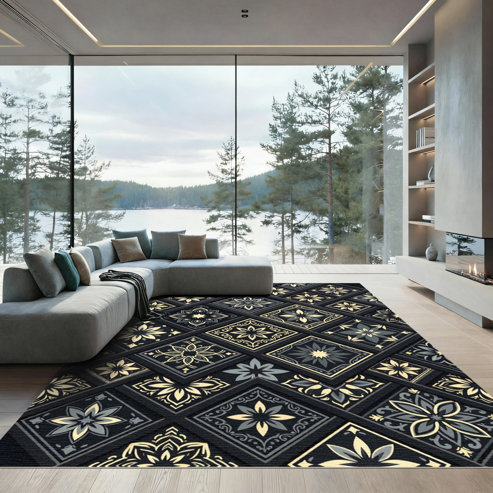 Dark Gray Gold Floral Medallion Tiles Rug