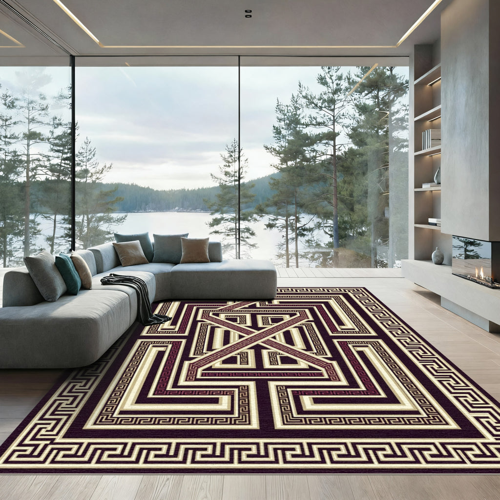 Deep Burgundy Geometric Maze Rug