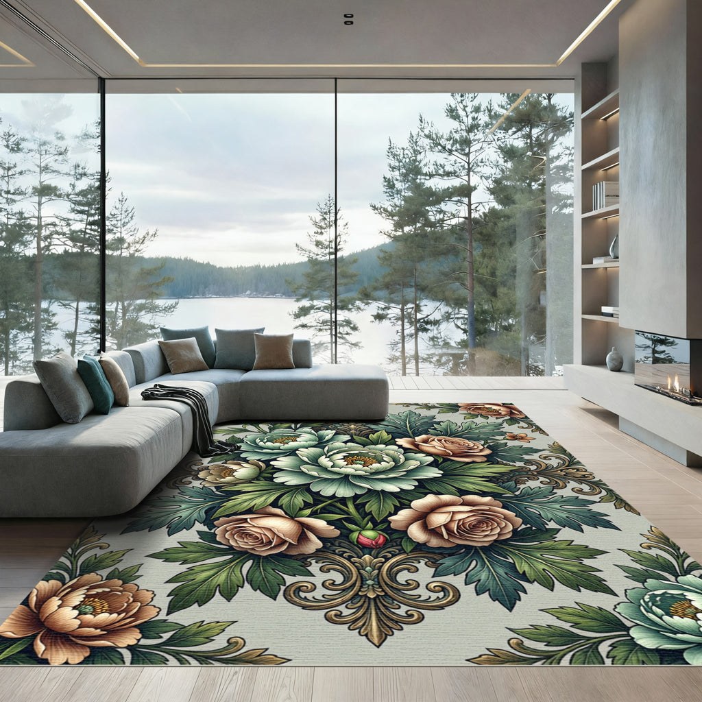 Elegant Sage Floral Baroque Damask Rug