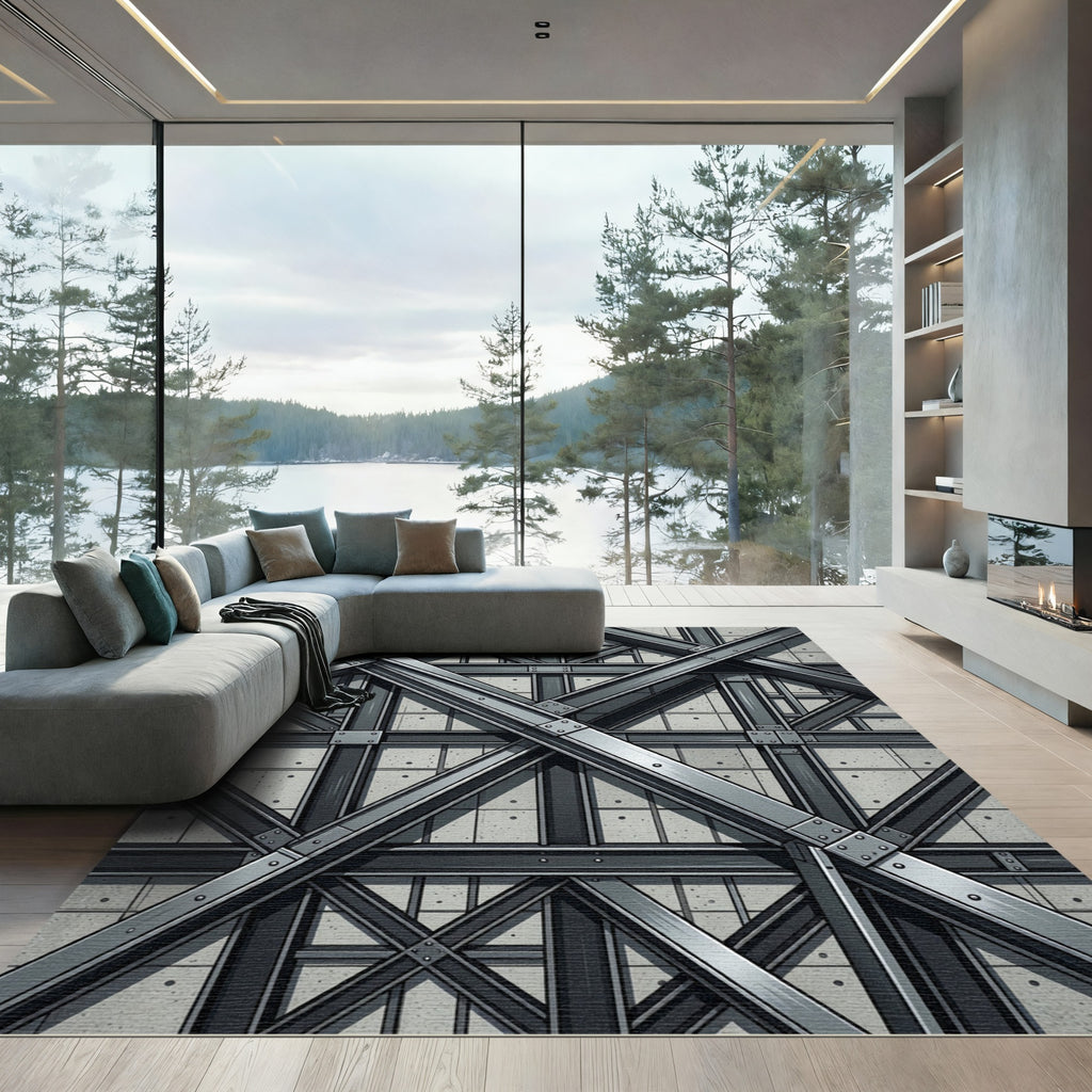 Industrial Gray Geometric Steel Beam Structure Rug