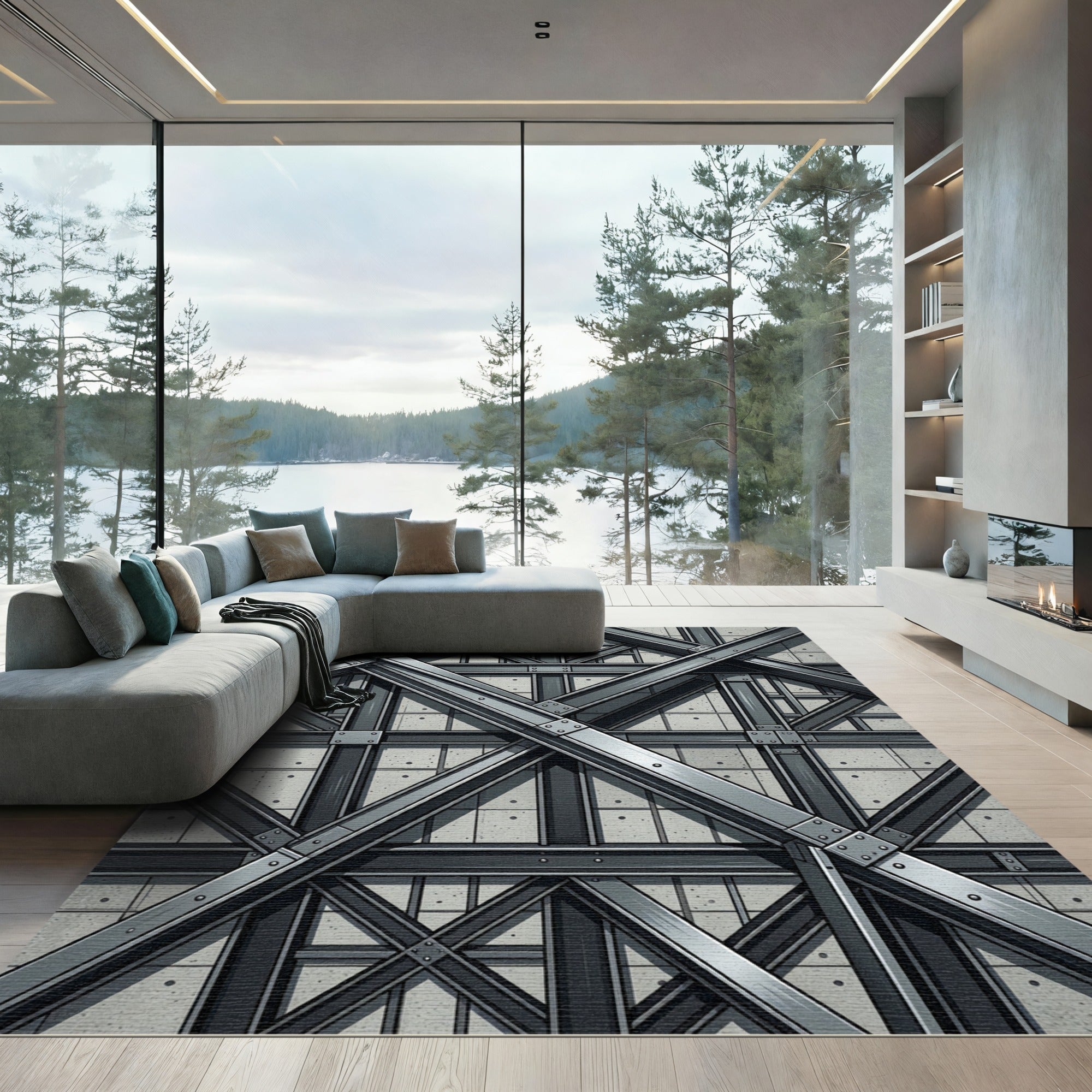 Industrial Gray Geometric Steel Beam Structure Rug