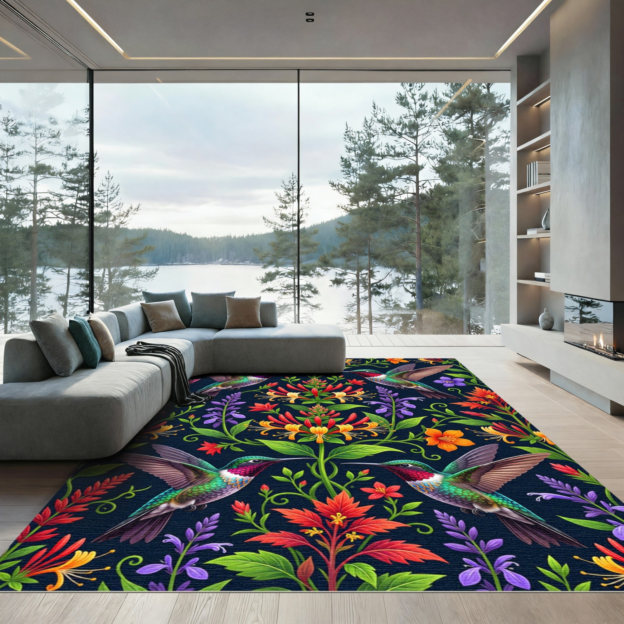 Vibrant Hummingbird and Honeysuckle Floral Tapestry Rug