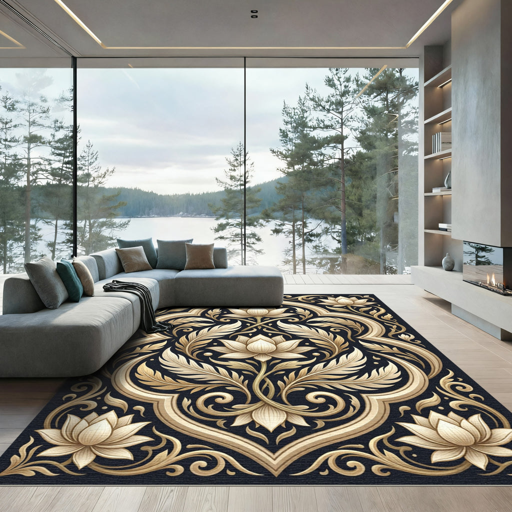 Ornate Golden Lotus Scrollwork Rug