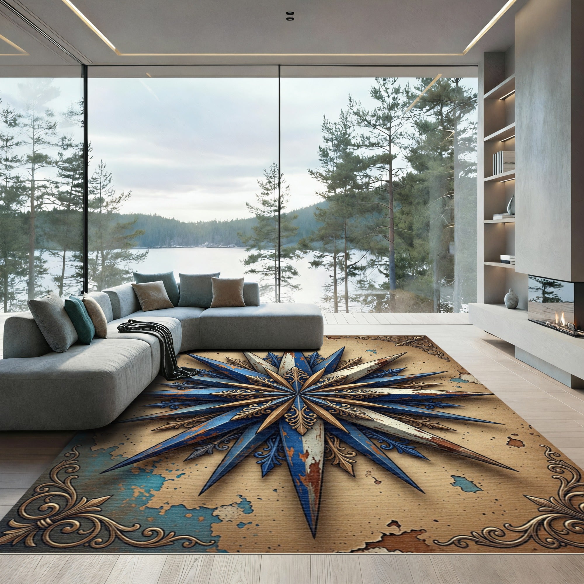 Vintage Navy Gold Compass Star Rug